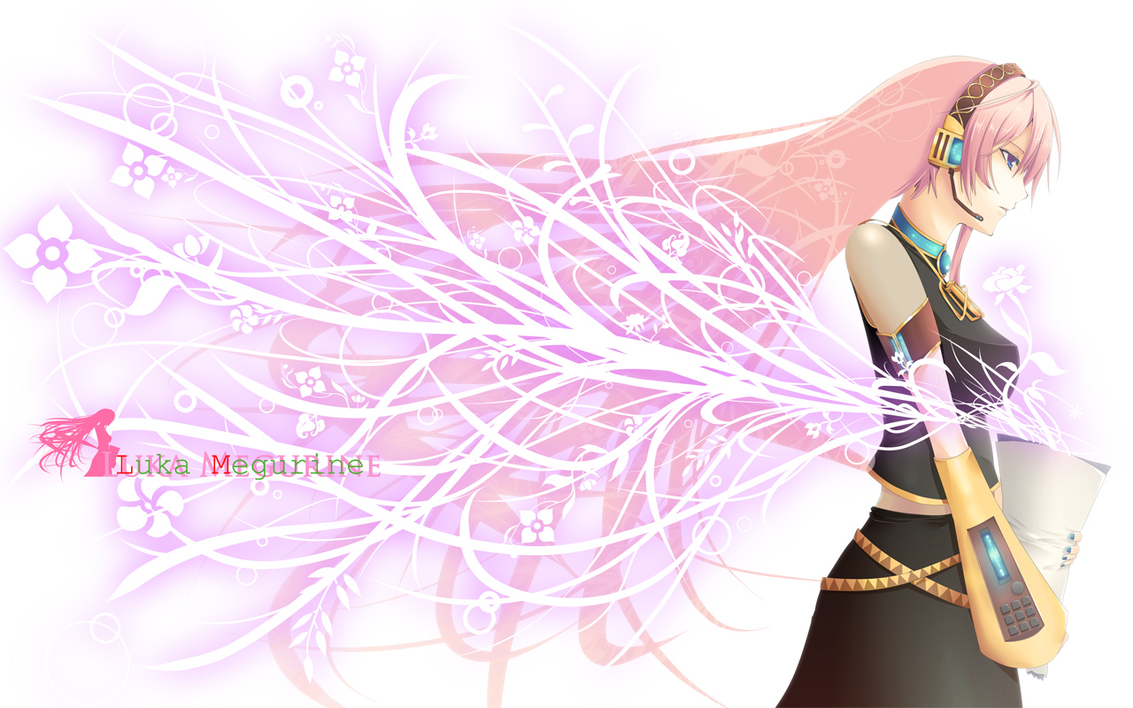 koumei (artist), koumei (harmonizer), megurine luka, vocaloid, striped, 1girl, belt, black dress, blue eyes, blue gemstone, blue nails, breasts, brooch, character name, closed mouth, cowboy shot, detached sleeves, dress, expressionless, female focus, flower, from side, gem, glowing, headphones, headset, holding, jewelry, long hair, long sleeves, lying, medium breasts, nail polish, on stomach, pink hair, profile, solo, standing, vertical stripes, very long hair