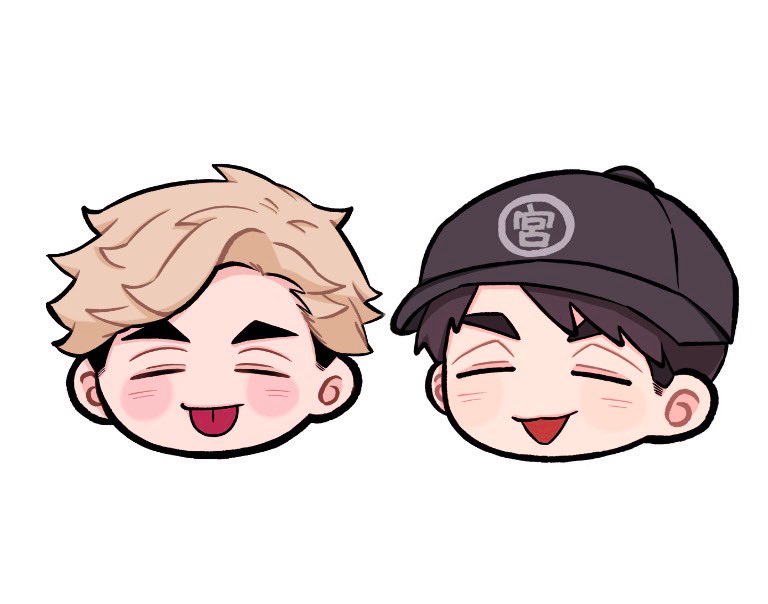 miya atsumu, miya osamu, haikyuu!!, commentary, 2boys, :p, baseball cap, black hair, black hat, blonde hair, blush stickers, brothers, closed eyes, hat, male focus, multicolored hair, multiple boys, open mouth, parted bangs, ponkotmtm, siblings, simple background, thick eyebrows, tongue, tongue out, triangle mouth, twins, two-tone hair, white background