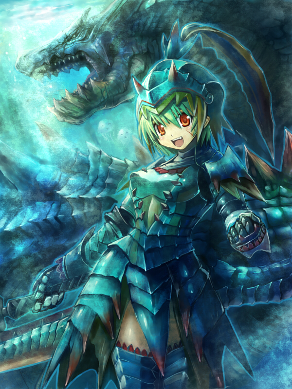edobox, lagiacrus, capcom, monster hunter (series), monster hunter 3, 1girl, armor, dragon, female focus, green hair, lagiacrus (armor), orange eyes, scar, short hair, solo