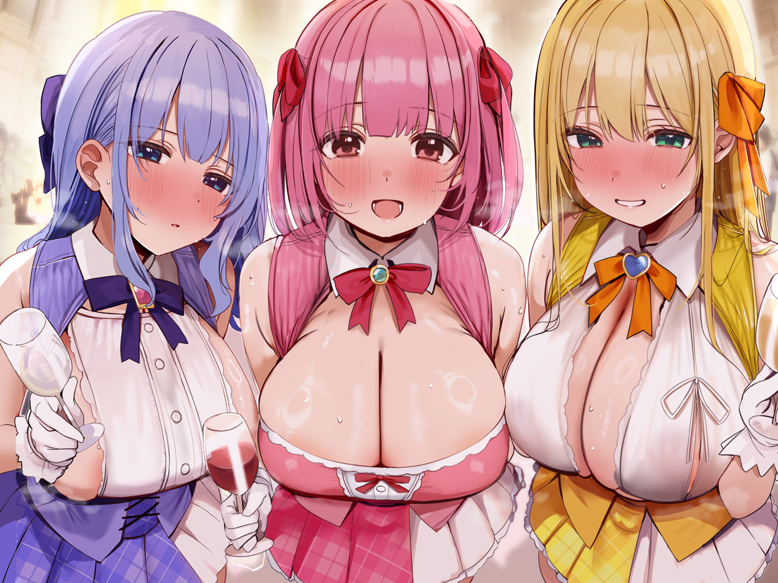 rouka (akatyann), original, highres, 3girls, :d, aqua eyes, areola slip, blonde hair, blue dress, blue eyes, blue hair, blue ribbon, blurry, blurry background, blush, breasts, champagne flute, cleavage, cup, dress, drinking glass, grin, hair between eyes, hair ribbon, hot, large breasts, long hair, looking at viewer, multiple girls, no bra, open mouth, orange ribbon, orange skirt, parted lips, pink dress, pink eyes, pink hair, pink ribbon, pleated skirt, ribbon, see-through clothes, see-through shirt, shirt, sidelocks, skirt, smile, steam, sweat, wet, wet clothes, white skirt