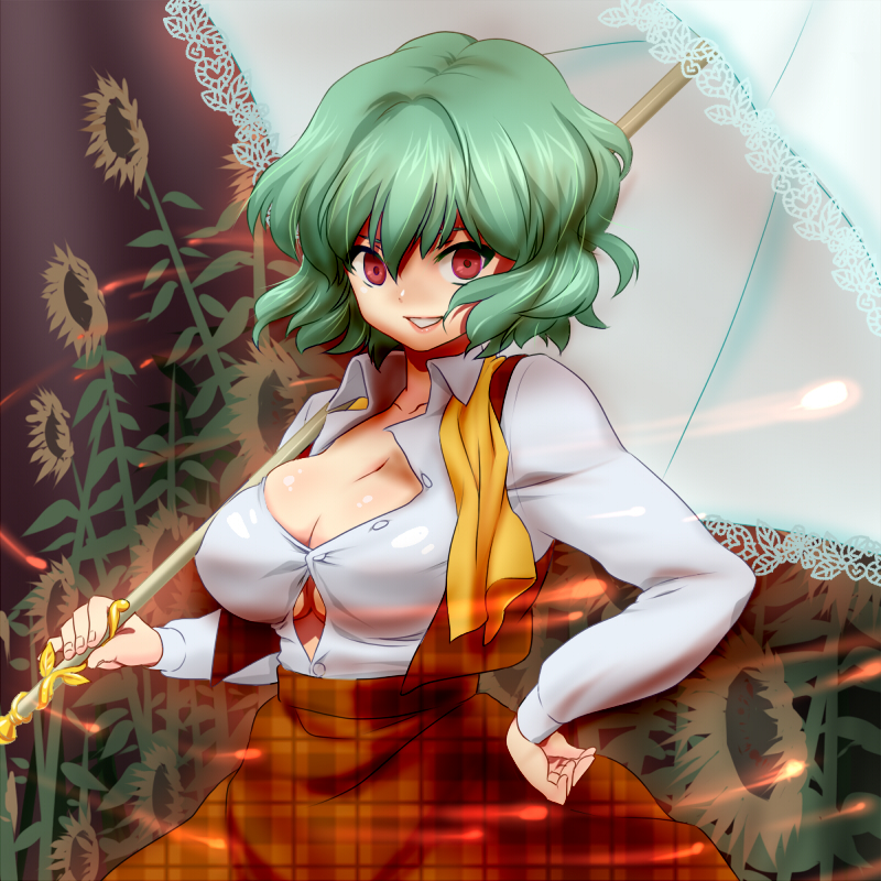 castella, kazami yuuka, touhou, untied, >:d, 1girl, :d, ascot, blush, body blush, breasts, bursting breasts, cleavage, collarbone, dress, dress shirt, female focus, fireflies, flower, glowing, green hair, grin, hand on own hip, large breasts, light trail, looking at viewer, night, no bra, open clothes, open mouth, open shirt, outdoors, parasol, plaid clothes, plaid skirt, plaid vest, red eyes, shiny clothes, shiny skin, shirt, short hair, skindentation, skirt, smile, solo, standing, sunflower, umbrella, unbuttoned, underboob, unmoving pattern, v-shaped eyebrows, vest