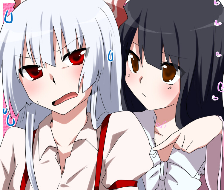 marimo danshaku, fujiwara no mokou, houraisan kaguya, touhou, silver hair, bad id, bad pixiv id, 2girls, :/, annoyed, black hair, blush, brown eyes, female focus, heart, hime cut, multiple girls, poking, red eyes, sweatdrop, upper body