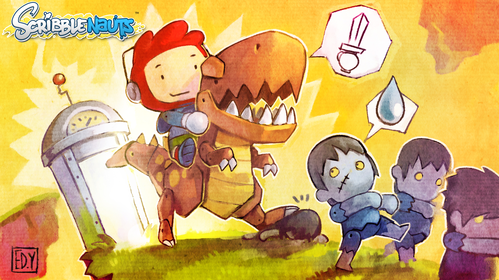 edison yan, maxwell (scribblenauts), scribblenauts, highres, dinosaur, handheld game console, nintendo ds, outdoors, sweatdrop, sword, weapon, zombie
