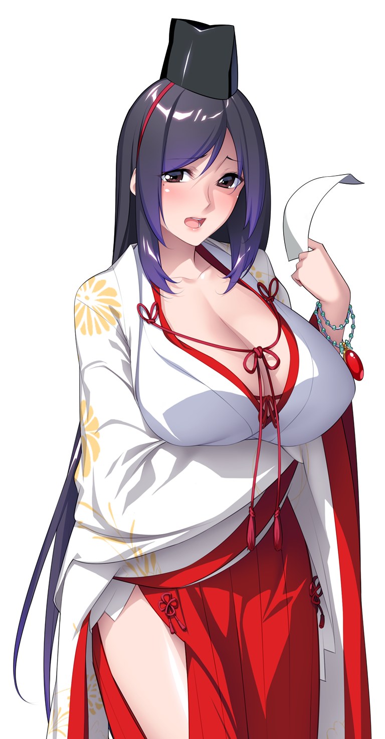 nanao (mahaya), ochite iku seisenshi lunatic angels, game cg, highres, large variant set, non-web source, official art, variant set, 1girl, arm under breasts, black hair, blush, bracelet, breasts, brown eyes, cleavage, hakama, hakama skirt, hat, holding, huge breasts, japanese clothes, jewelry, long hair, long sleeves, looking at viewer, lunatic magician, magical girl, miko, mole, mole under eye, multicolored hair, open mouth, purple hair, red hakama, shindou shizuka (lunatic angels), simple background, skirt, solo, tate eboshi, transparent background, very long hair, white background, wide sleeves