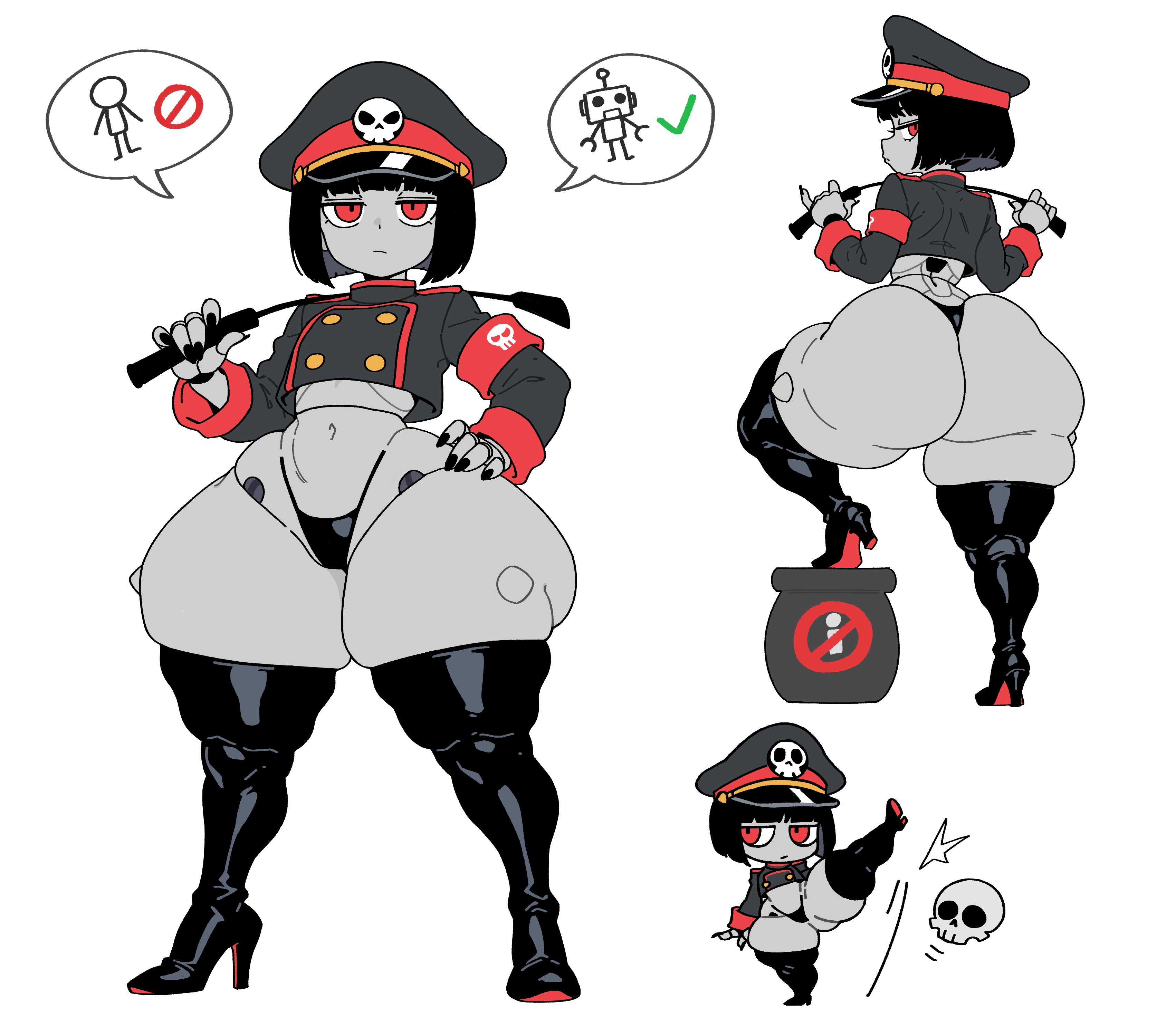 bingbingzi, original, absurdres, commentary, highres, symbol-only commentary, 1girl, armband, ass, black hair, black hat, black nails, black panties, black shirt, black thighhighs, bob cut, boots, breasts, buttons, checkmark, chibi, closed mouth, cropped shirt, double-breasted, expressionless, hand on own hip, hat, hat ornament, high heel boots, high heels, holding, holding riding crop, huge ass, jitome, joints, kicking, knee up, latex, latex thigh boots, latex thighhighs, long sleeves, looking back, looking to the side, military hat, military uniform, motion lines, multiple views, narrow waist, navel, panties, profile, red armband, red eyes, red hat, red wrist cuffs, riding crop, shirt, short hair, shortstack, skindentation, skull, skull hat ornament, small breasts, speech bubble, thick thighs, thigh boots, thighhighs, thighs, thong, two-tone hat, underwear, wide hips, wrist cuffs, x (symbol)