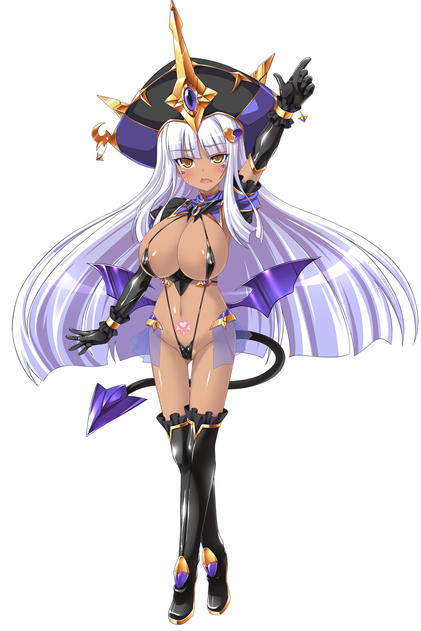 aoi masami, doumyouji kotetu, slave rain, ts magical girl nao, game cg, highres, large variant set, non-web source, official art, variant set, 1girl, areola slip, arm up, black gloves, blush, boots, breasts, corruption, crescent, dark-skinned female, dark persona, dark skin, demon girl, demon tail, demon wings, elbow gloves, full body, gloves, hair ornament, hat, huge breasts, index finger raised, long hair, looking at viewer, low wings, navel, open mouth, pointing, pointing up, pubic tattoo, slave gear (tsmg nao!), slingshot swimsuit, solo, swimsuit, tachi-e, tail, tan, tattoo, thigh boots, thighhighs, transparent background, white hair, wings, yellow eyes