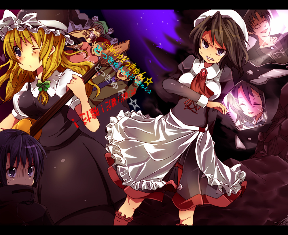unohanaokara, kanon (umineko), kirisame marisa, shannon (umineko), tomitake jirou, ushiromiya george, ushiromiya jessica, higurashi no naku koro ni, touhou, umineko no naku koro ni, bad id, bad pixiv id, 2girls, 6+boys, angry, beret, black hair, blonde hair, clenched teeth, closed eyes, cosplay, dress, glasses, guitar, hat, in-franchise crossover, instrument, kirisame marisa (cosplay), kneehighs, long hair, mirror, multiple boys, multiple girls, one eye closed, purple hair, reflection, short hair, smile, socks, teeth, wink