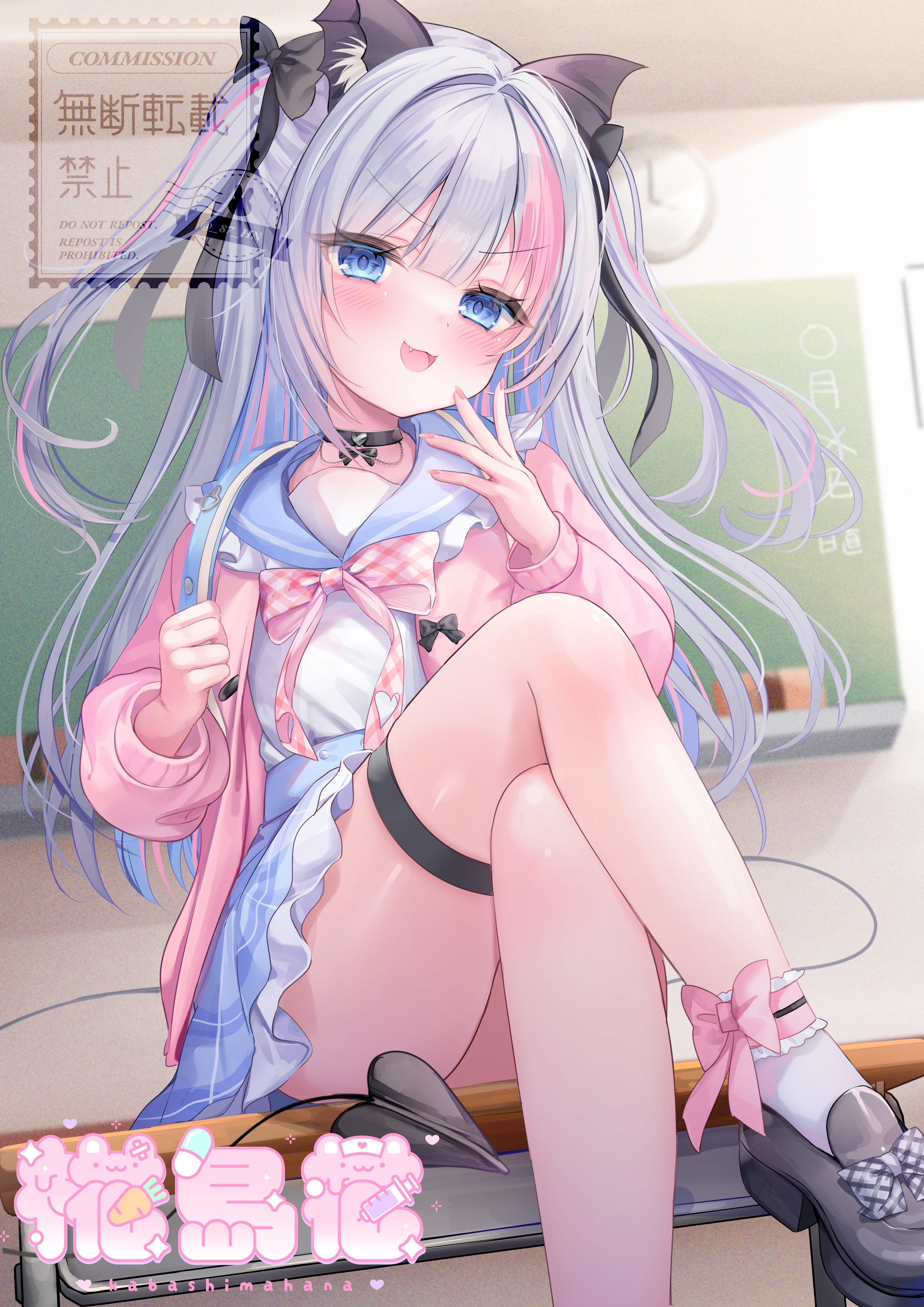 kabashima hana, indie virtual youtuber, absurdres, commentary request, commission, highres, 1girl, animal ears, ankle bow, ankle ribbon, artist logo, artist name, black bow, black choker, black shoes, blue eyes, blue sailor collar, blue skirt, blush, bow, bowtie, cardigan, center-flap bangs, choker, classroom, crossed legs, demon tail, desk, double-parted bangs, fang, flower, foot out of frame, footwear bow, frilled sailor collar, frills, gingham bow, gingham bowtie, grey bow, grey hair, hair bow, hand up, indoors, leg up, logo, long sleeves, looking at viewer, miniskirt, multicolored hair, nanase yui (vtuber), on desk, open cardigan, open clothes, open mouth, pink bow, pink bowtie, pink cardigan, plaid clothes, plaid skirt, ribbon, sailor collar, school desk, school uniform, serafuku, shirt, shoes, sitting, skirt, smile, smug, socks, solo, streaked hair, tail, thigh strap, twitter username, two side up, v-shaped eyebrows, watermark, white shirt, white socks