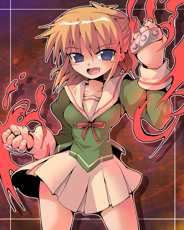 kurogarasu, ushiromiya jessica, umineko no naku koro ni, 00s, 1girl, blonde hair, blue eyes, bow, brass knuckles, clenched hand, clenched hands, fang, female focus, glowing, school uniform, serafuku, short hair, skirt, solo, weapon