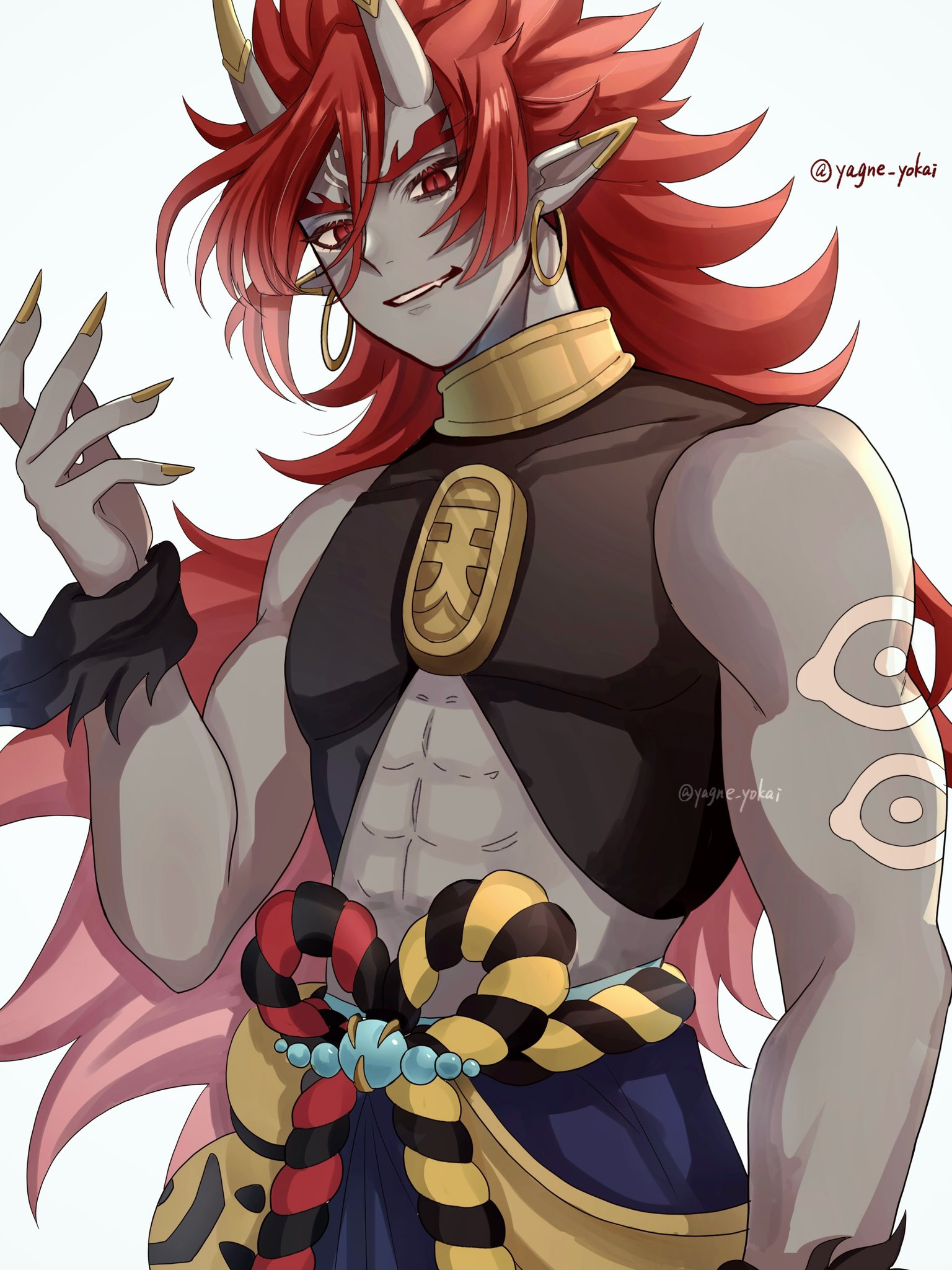 youkai watch, youkai watch shadowside, commentary request, highres, 1boy, abs, artist name, bare arms, black shirt, blush, broad shoulders, colored skin, covered collarbone, ear cuffs, earrings, eye tattoo, facial mark, fingernails, forehead mark, grey skin, height difference, hetero, hoop earrings, horn cover, horns, jewelry, long fingernails, long hair, looking at viewer, male focus, mark under both eyes, monster boy, multicolored sash, pointy ears, red eyes, red hair, red sleeves, rope belt, shirt, shutendouji (shadowside), simple background, skin-covered horns, sleeveless, sleeveless shirt, tattoo, teeth, toned, toned male, very long hair, white background, yagne yokai, yellow nails, youkai (youkai watch)