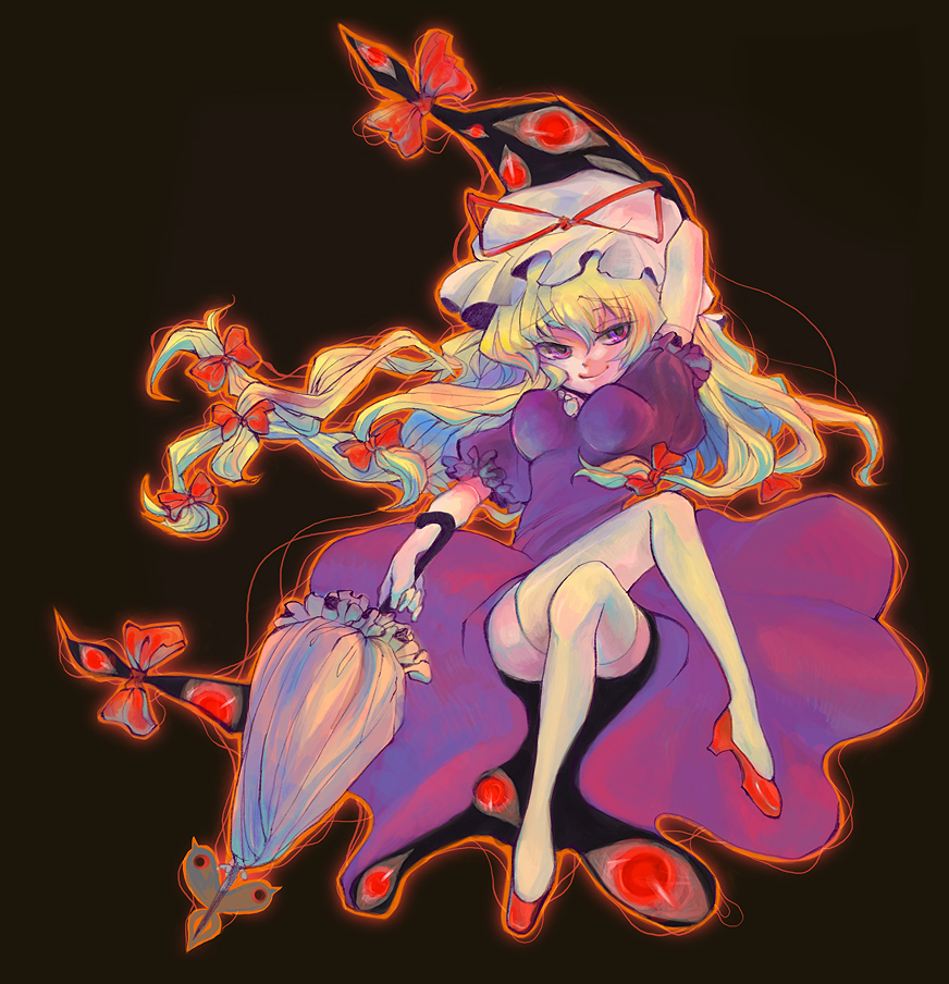 satou sio, shio (kuroame), yakumo yukari, touhou, 1girl, blonde hair, breasts, dress, elbow gloves, female focus, full body, gap (touhou), gloves, hair ribbon, hat, long hair, purple eyes, ribbon, solo, thighhighs, umbrella