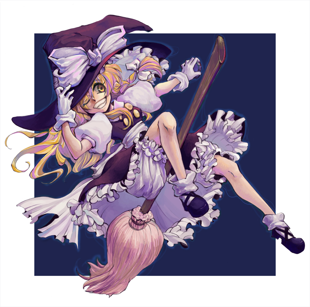 satou sio, shio (kuroame), kirisame marisa, touhou, 1girl, blonde hair, braid, broom, dress, female focus, full body, gloves, hat, long hair, solo, underwear, white gloves, wink, witch, witch hat, yellow eyes