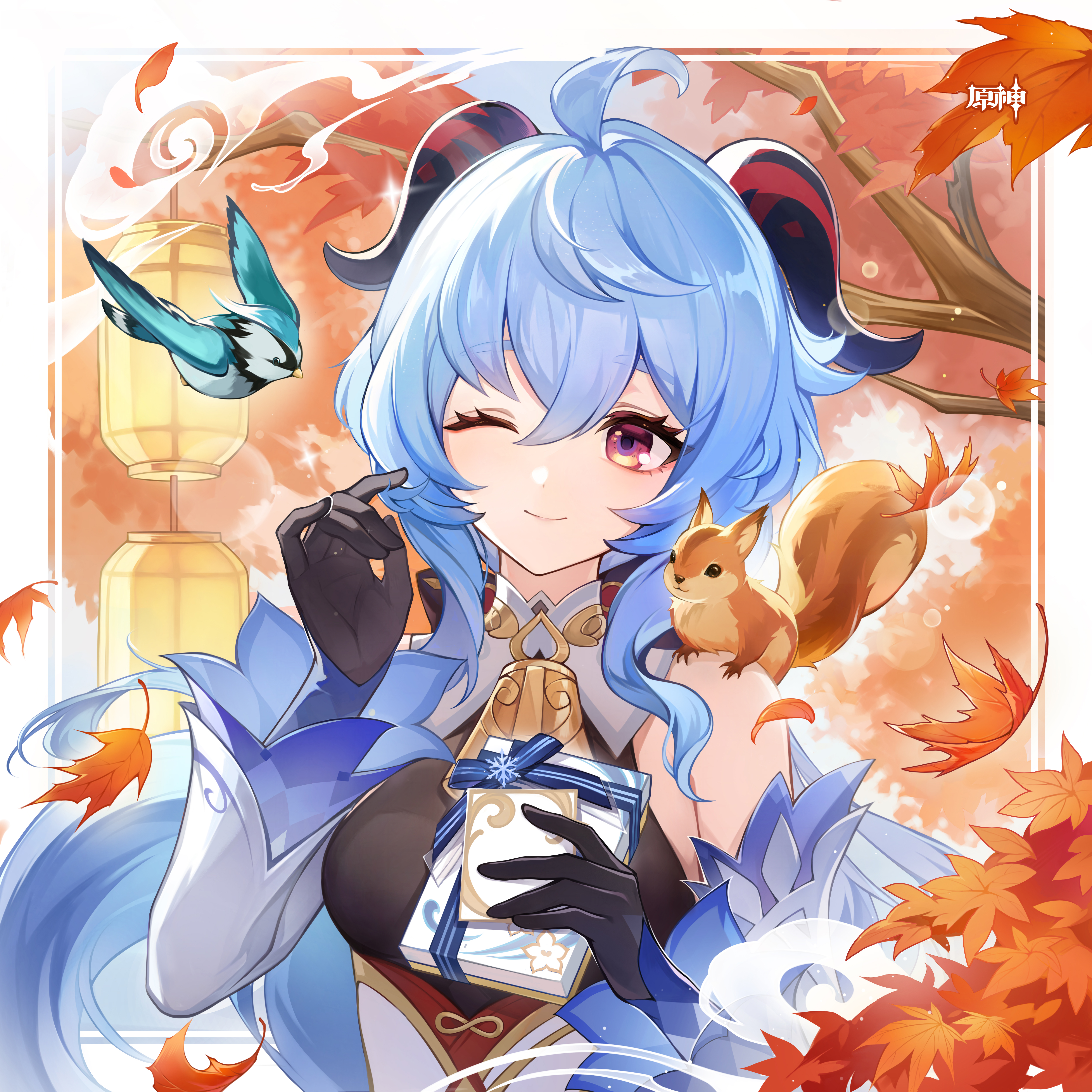 ganyu (genshin impact), genshin impact, absurdres, chinese commentary, commentary request, highres, official art, 1girl, ;), ahoge, animal, animal on shoulder, autumn leaves, bare shoulders, bird, black gloves, blue eyes, blue hair, border, box, detached sleeves, gift, gift box, gloves, hair between eyes, hand up, holding, holding box, horns, leaf, long hair, long sleeves, one eye closed, outside border, smile, squirrel, upper body, white border