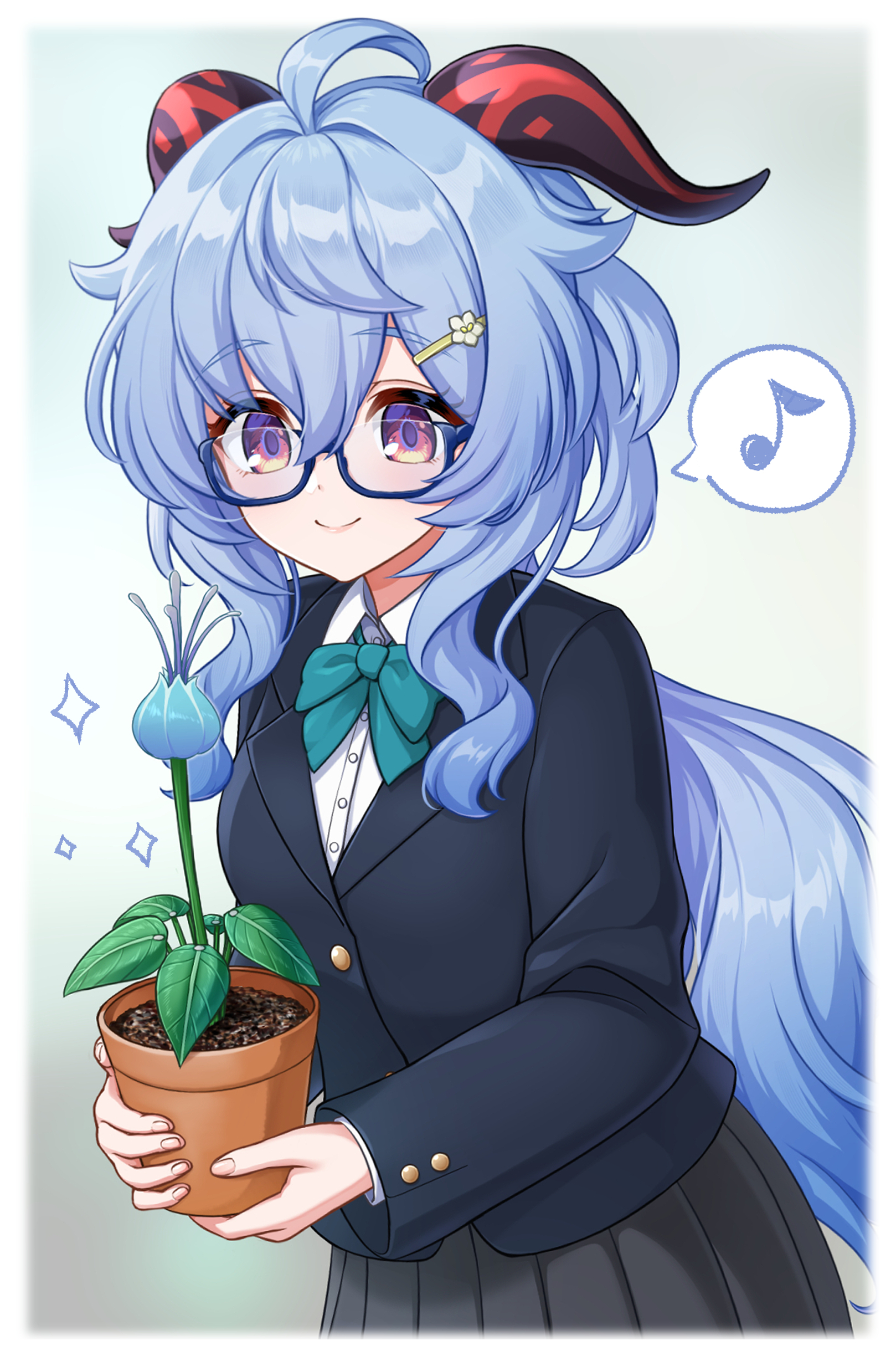 watayoshi (suiiho), ganyu (genshin impact), genshin impact, absurdres, commentary request, highres, 1girl, ahoge, black skirt, blazer, blue-framed eyewear, blue flower, blue hair, blue jacket, blurry, blurry background, flower, goat horns, gradient eyes, green ribbon, hair between eyes, hair ornament, hairclip, holding, holding plant, horns, jacket, long hair, long sleeves, looking at viewer, multicolored eyes, musical note, plant, potted plant, purple eyes, ribbon, school uniform, semi-rimless eyewear, shirt, skirt, smile, solo, sparkle, speech bubble, spoken musical note, upper body, white shirt