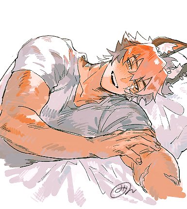 komano manato, zenless zone zero, commentary request, lowres, 1boy, animal ear fluff, animal ear piercing, animal ears, black hair, brown eyes, collarbone, crew neck, ear piercing, earrings, facial scar, hand on own arm, jewelry, looking at viewer, lying, male focus, multicolored hair, nekokawaii1853, on side, open mouth, outstretched arm, piercing, red hair, scar, scar on arm, scar on cheek, scar on face, shirt, short hair, short sleeves, signature, smile, solo, t-shirt, teeth, two-tone hair, upper body, upper teeth only, white background, white shirt, wolf boy, wolf ears