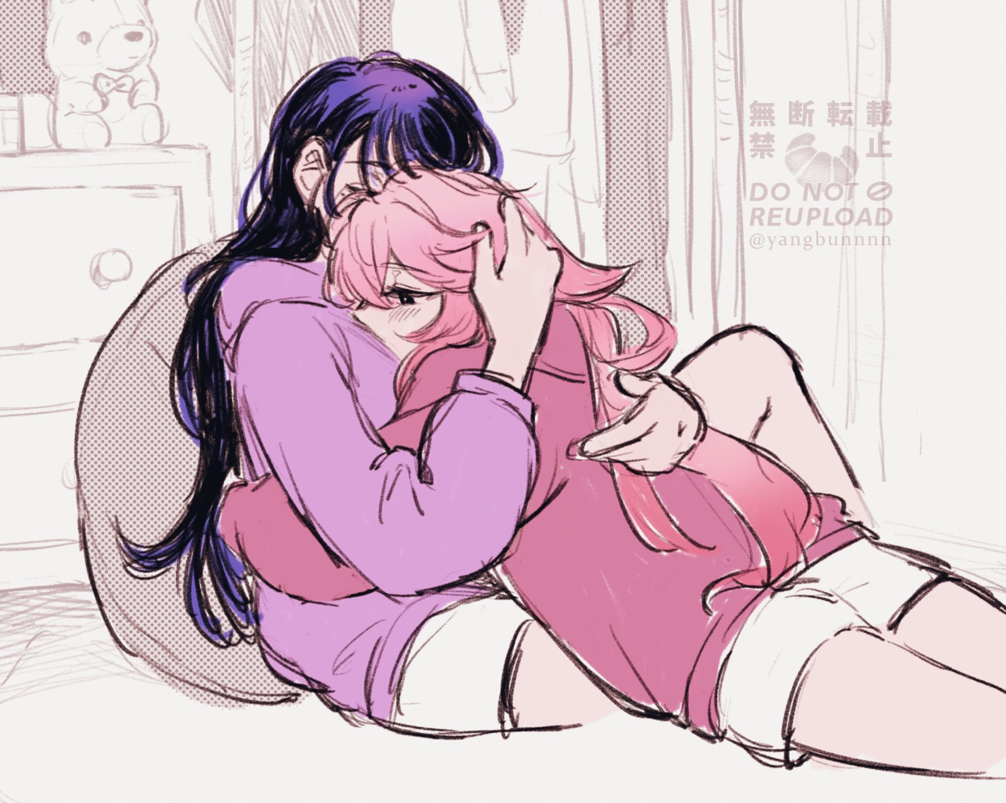 yangjiao mianbao (yangbunnnn), raiden shogun, yae miko, genshin impact, commentary, english commentary, highres, 2girls, blush, hand on another's waist, hood, hoodie, hug, long hair, lying on person, multiple girls, pink hair, pink hoodie, purple hair, purple hoodie, shorts, stuffed animal, stuffed toy, teddy bear, watermark, white shorts, yuri