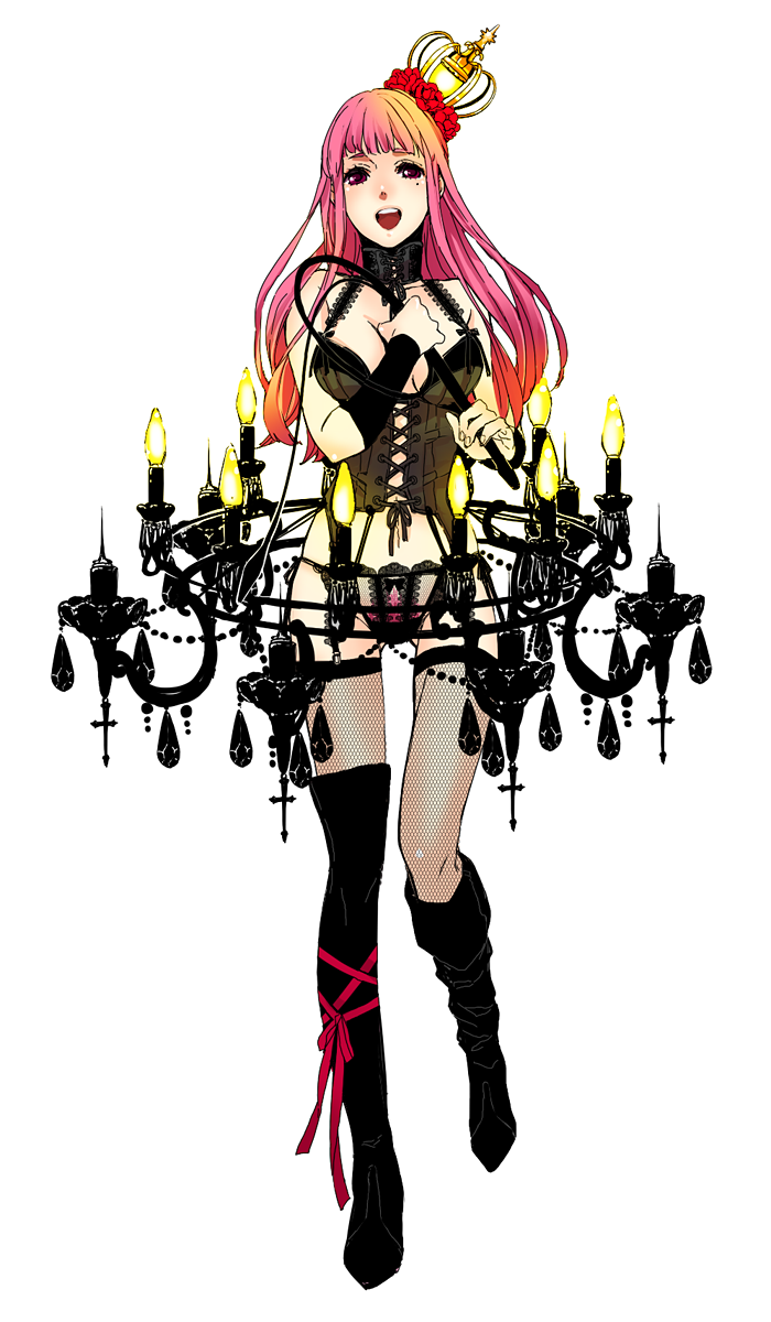 todoroki sora, original, bad id, bad pixiv id, highres, 1girl, breasts, chandelier, colored pubic hair, crown, female focus, female pubic hair, fishnets, gold crown, large breasts, legs, lingerie, mole, mole under eye, pink hair, pubic hair, ribbon, solo, thighhighs, underwear, whip, white background