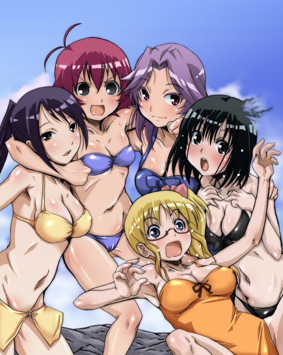 hirokawa kouichirou, kajiki yumi, kanbara satomi, senoo kaori, touyoko momoko, tsuyama mutsuki, saki (manga), 00s, 5girls, bikini, black eyes, black hair, blonde hair, blue eyes, falling, glasses, multiple girls, one-piece swimsuit, purple hair, red eyes, red hair, swimsuit
