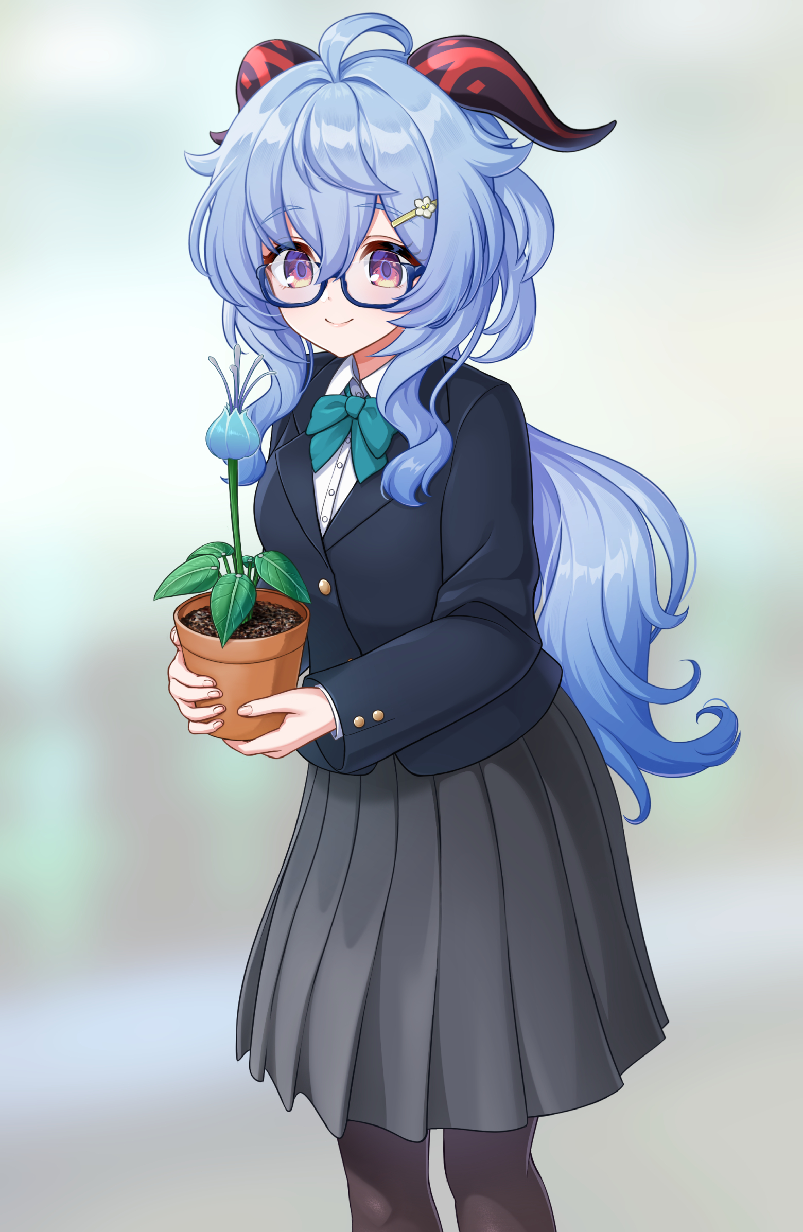 watayoshi (suiiho), ganyu (genshin impact), genshin impact, commentary request, highres, 1girl, ahoge, black pantyhose, black skirt, blazer, blue-framed eyewear, blue flower, blue hair, blue jacket, blurry, blurry background, cowboy shot, flower, goat horns, gradient eyes, green ribbon, hair between eyes, hair ornament, hairclip, holding, holding plant, horns, jacket, long hair, long sleeves, looking at viewer, multicolored eyes, pantyhose, plant, potted plant, purple eyes, ribbon, school uniform, semi-rimless eyewear, shirt, skirt, smile, solo, white shirt
