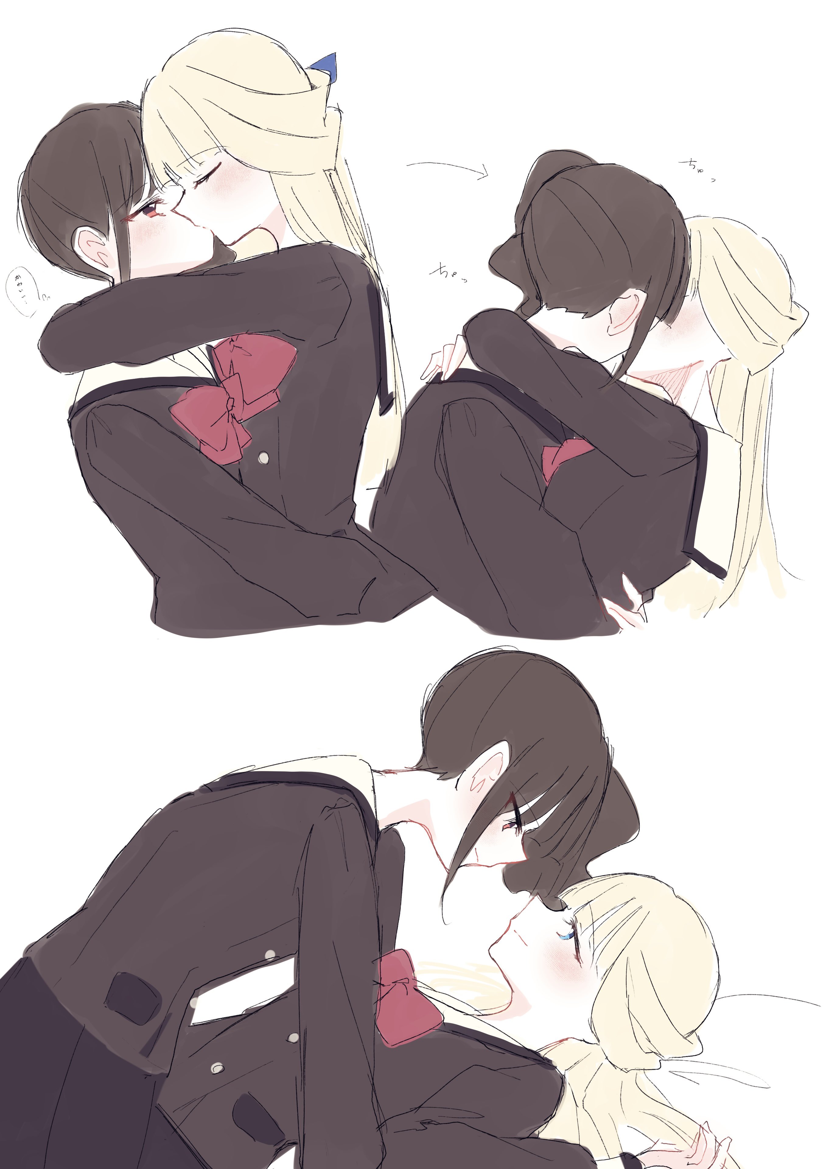 rita (myyk rrnyam), nekoyashiki mayu, nekoyashiki yuki, precure, wonderful precure!, absurdres, commentary, highres, symbol-only commentary, 2girls, arms around neck, blonde hair, blue eyes, bow, bowtie, brown hair, brown shirt, closed eyes, closed mouth, half updo, kiss, long hair, multiple girls, pink bow, pink bowtie, pink eyes, shirt, side ponytail, simple background, smile, white background, yuri