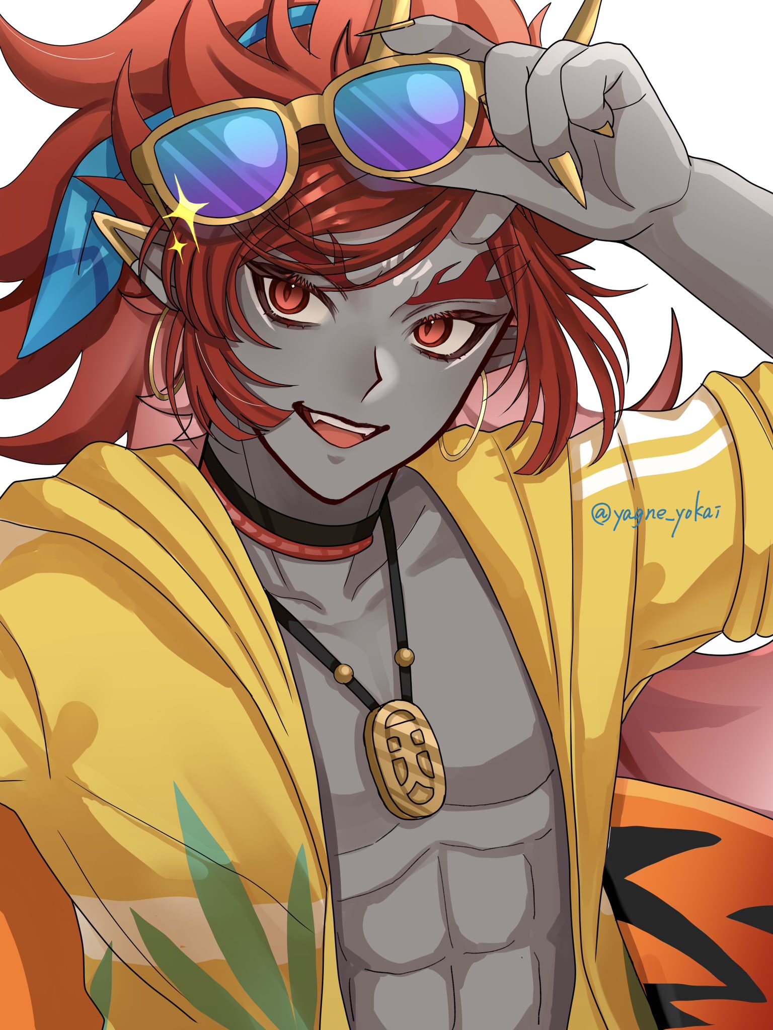 youkai watch, youkai watch shadowside, commentary request, highres, 1boy, abs, adjusting eyewear, alternate costume, colored skin, ear covers, earrings, grey skin, hoop earrings, horns, jewelry, long hair, necklace, open clothes, open mouth, open shirt, pointy ears, red eyes, red hair, shirt, shutendouji (shadowside), simple background, skin-covered horns, solo, sparkle, teeth, upper body, upper teeth only, white background, yagne yokai, yellow shirt