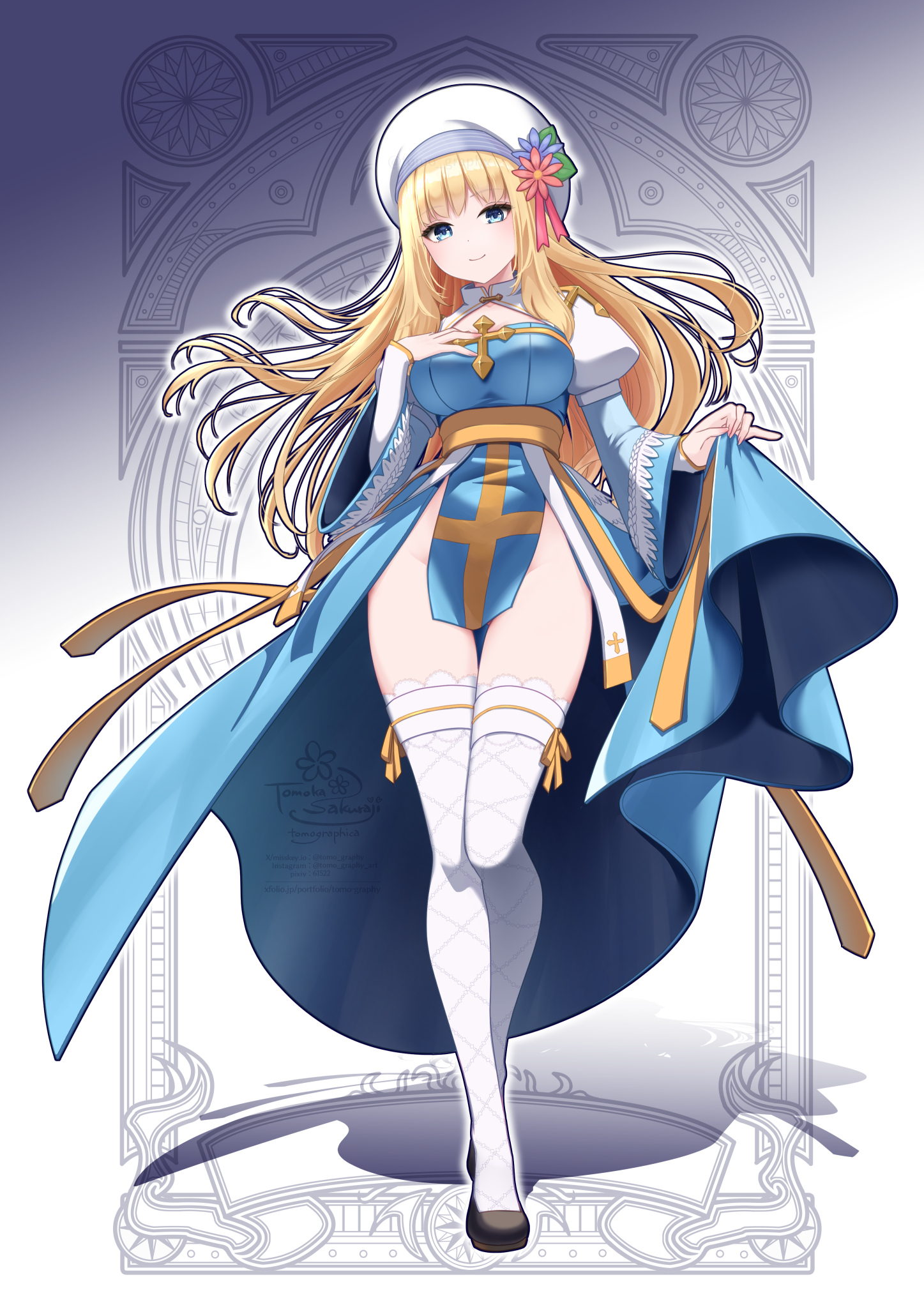 sakuraji tomoka, arch bishop (ragnarok online), ragnarok masters, ragnarok online, commentary request, highres, 1girl, black shoes, blue dress, blue flower, blush, breasts, cleavage cutout, closed mouth, clothing cutout, cross, curtsey, dress, fingernails, fishnet thighhighs, fishnets, flower, frilled thighhighs, frills, full body, grey background, hat, hat flower, hat ornament, juliet sleeves, large breasts, leaf hat ornament, long hair, long sleeves, looking at viewer, no panties, pink flower, puffy sleeves, sash, shoes, smile, solo, tam (ragnarok online), thighhighs, two-tone dress, white dress, white hat, white thighhighs, yellow sash