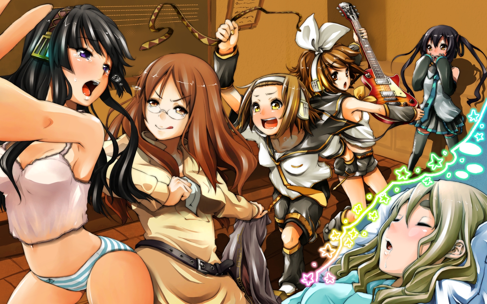 hanasaki, akiyama mio, hatsune miku, hirasawa yui, kagamine len, kagamine rin, kotobuki tsumugi, megurine luka, nakano azusa, tainaka ritsu, yamanaka sawako, k-on!, vocaloid, bad id, bad pixiv id, highres, 6+girls, :q, black eyes, black hair, blush, brown eyes, brown hair, camisole, chasing, cosplay, dreaming, drooling, electric guitar, forced dressing, gibson les paul, glasses, guitar, hatsune miku (cosplay), instrument, kagamine len (cosplay), kagamine rin (cosplay), long hair, megurine luka (cosplay), multiple girls, panties, short hair, sleeping, striped clothes, striped panties, tears, tongue, tongue out, underwear, undressing