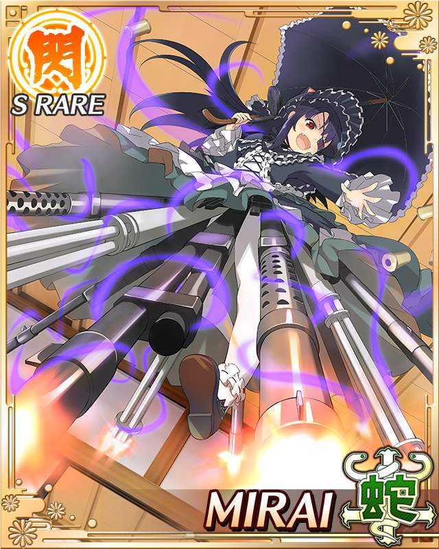 mirai (senran kagura), senran kagura, senran kagura new wave, game cg, official art, 1girl, :d, animal hood, black bonnet, black dress, black hair, bonnet, border, card (medium), cat hood, character name, dress, eyepatch, fang, firing, flat chest, gothic lolita, hood, lolita fashion, long hair, looking down, midair, mitsudomoe (shape), open mouth, red eyes, smile, solo, tomoe (symbol), too many guns, under skirt