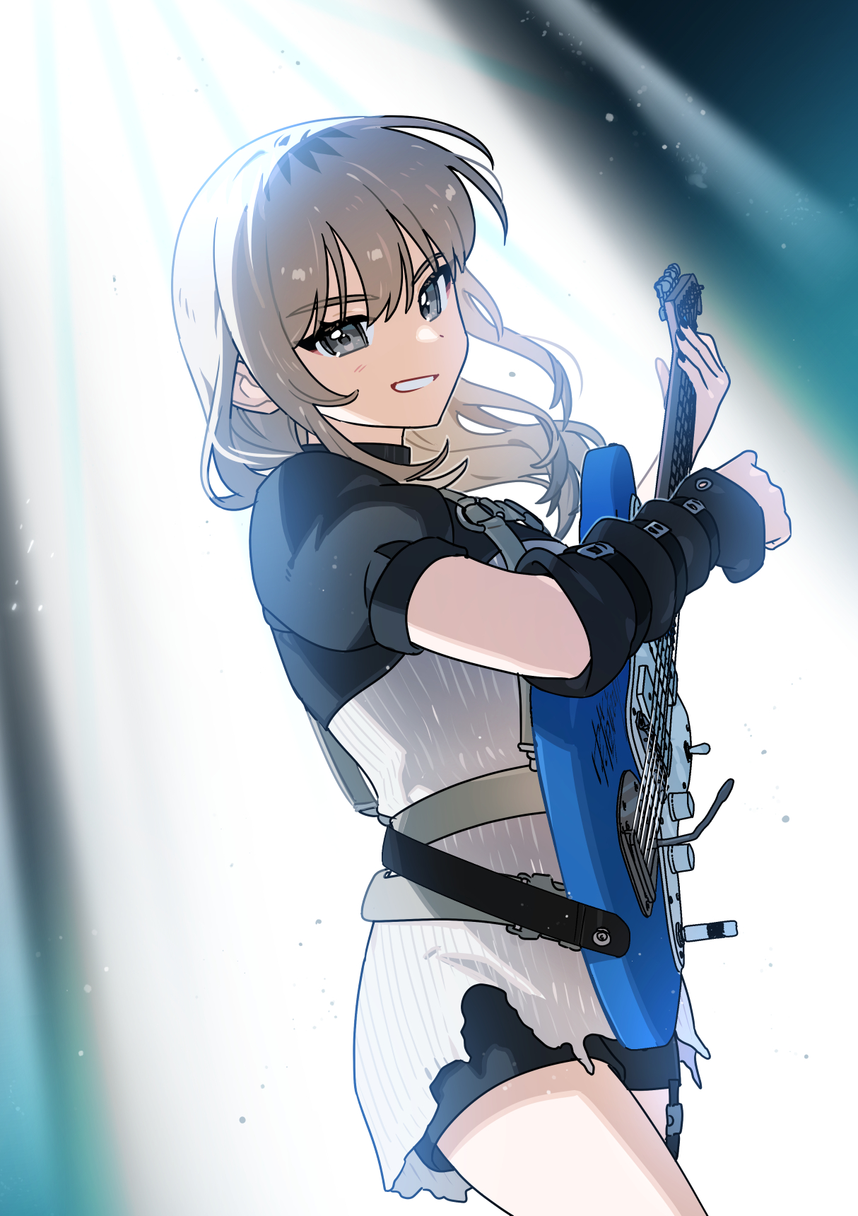 habsida (habsida hpy), kawaragi momoka, girls band cry, commentary, highres, 1girl, arm warmers, belt, black nails, black shorts, blush, cowboy shot, electric guitar, grey eyes, grey hair, guitar, instrument, light particles, long hair, looking at viewer, multicolored hair, parted lips, roots (hair), shorts, solo