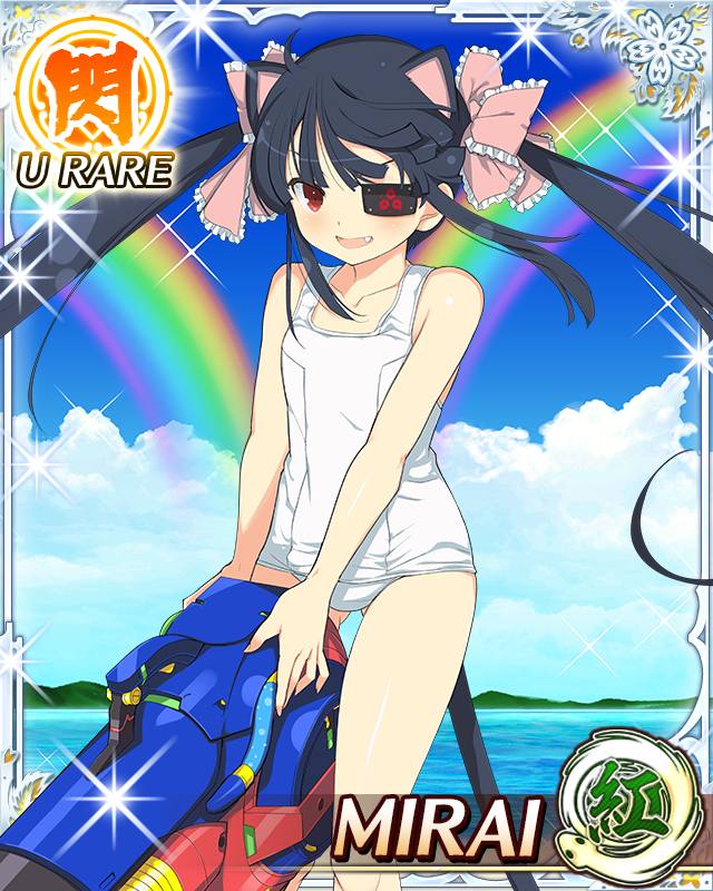 yaegashi nan, mirai (senran kagura), senran kagura, senran kagura new wave, senran kagura peach ball, game cg, official art, 1girl, animal ears, beach, black hair, border, card (medium), cat ears, cat tail, character name, eyepatch, fang, flat chest, gluteal fold, hair ribbon, holding, holding water gun, long hair, looking at viewer, mitsudomoe (shape), ocean, official alternate hairstyle, one-piece swimsuit, pink ribbon, rainbow, red eyes, ribbon, solo, swimsuit, tail, tomoe (symbol), twintails, water gun, white one-piece swimsuit