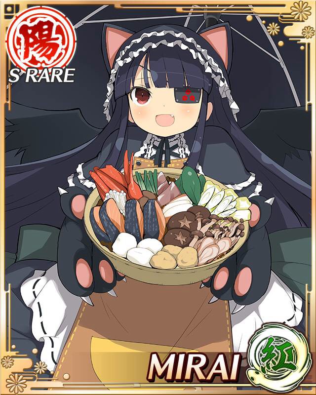 yaegashi nan, mirai (senran kagura), dekamori senran kagura, senran kagura, senran kagura new wave, game cg, official art, 1girl, :d, animal hands, animal hood, apron, black bonnet, black dress, black hair, bonnet, border, bowl, brown apron, card (medium), cat hood, cat paws, character name, cooking pot, dress, enoki mushroom, eyepatch, fang, flat chest, food, gloves, gothic lolita, holding, holding bowl, hood, hotpot, lolita fashion, long hair, looking at viewer, looking up, meat, mitsudomoe (shape), mushroom, open mouth, oven mitts, paw gloves, red eyes, shiitake, smile, solo, tomoe (symbol), vegetable