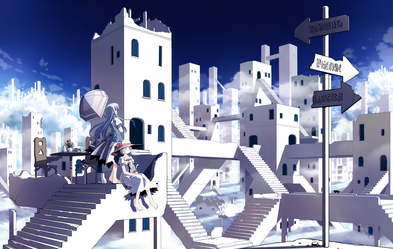 mochizuki saku, original, 2girls, barefoot, blue hair, cat, chair, dress, female focus, multiple girls, outdoors, parasol, sitting, sky, stairs, table, umbrella, yellow eyes