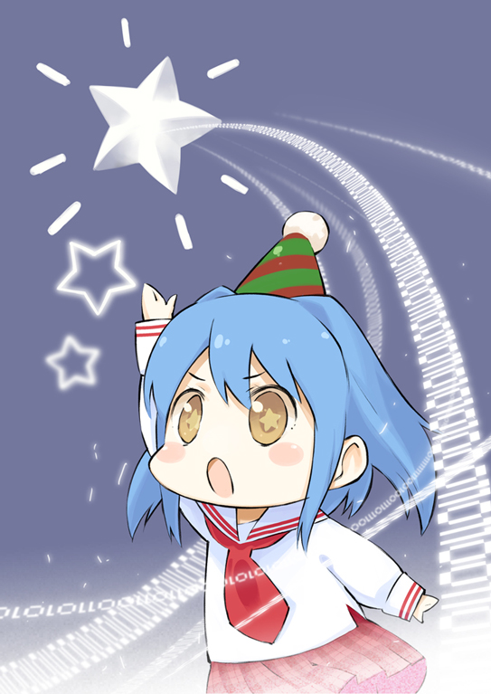 u (the unko), ibuki fuuko, morishita koyomi, nonaka ai, clannad, yoku wakaru gendai mahou, 00s, :o, blue hair, blush, brown eyes, chibi, hat, necktie, short hair, solo, star (symbol), voice actor connection