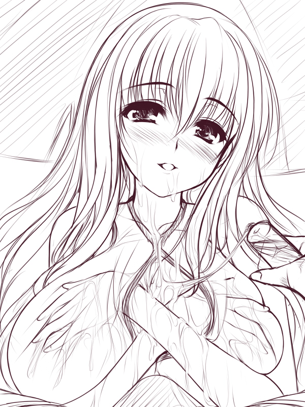 uni8, 1girl, blush, breasts, greyscale, huge breasts, long hair, lotion, monochrome, solo focus, swimsuit