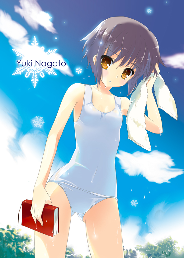 ameto yuki, nagato yuki, suzumiya haruhi no yuuutsu, bad id, bad pixiv id, 00s, 1girl, book, day, female focus, flat chest, nature, one-piece swimsuit, outdoors, school swimsuit, short hair, sky, snowflakes, solo, swimsuit, towel, white one-piece swimsuit, white school swimsuit