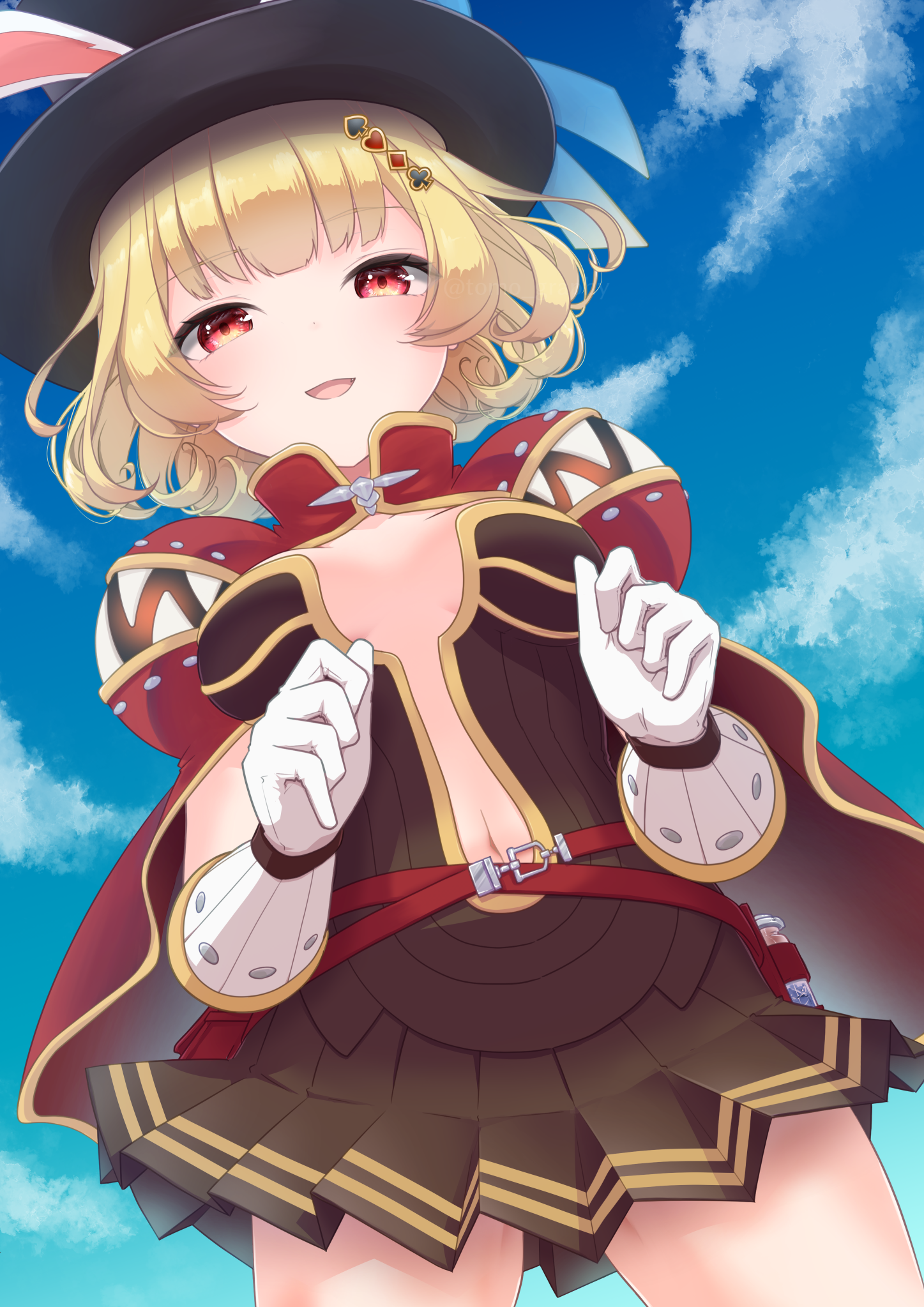 sakuraji tomoka, creator (ragnarok online), ragnarok online, commentary request, highres, 1girl, ace (playing card), animal ears, belt, black hat, blonde hair, blue sky, blush, breasts, breasts apart, brown belt, brown dress, cape, card, cloud, club hair ornament, cowboy shot, curly hair, diamond (shape), diamond hair ornament, dress, fake animal ears, gloves, hair ornament, hat, heart, heart hair ornament, looking at viewer, looking down, medium breasts, navel, open mouth, playing card, pleated dress, plunging neckline, pouch, red cape, red eyes, short dress, short hair, sky, smile, solo, spade hair ornament, strapless, strapless dress, teeth, top hat, vial, white gloves