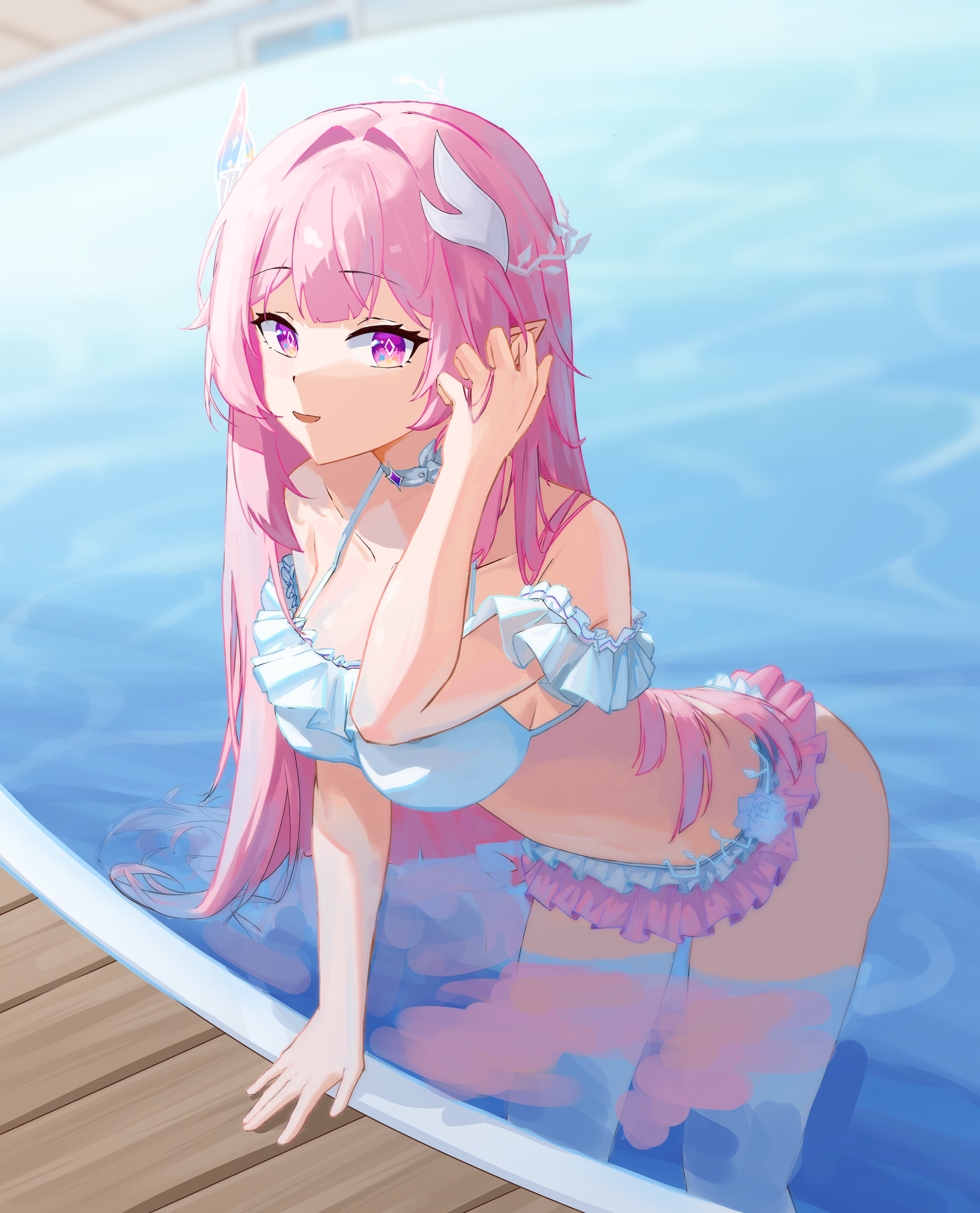 yinhuayinhuahua, cyrene (honkai: star rail), cyrene (ripples of past reverie) (honkai: star rail), honkai: star rail, honkai (series), absurdres, commentary request, highres, 1girl, bikini, breasts, diamond-shaped pupils, diamond (shape), frilled bikini, frills, large breasts, long hair, looking at viewer, pink hair, pointy ears, pool, purple eyes, solo, stomach, swimsuit, symbol-shaped pupils, thighs, very long hair, white bikini