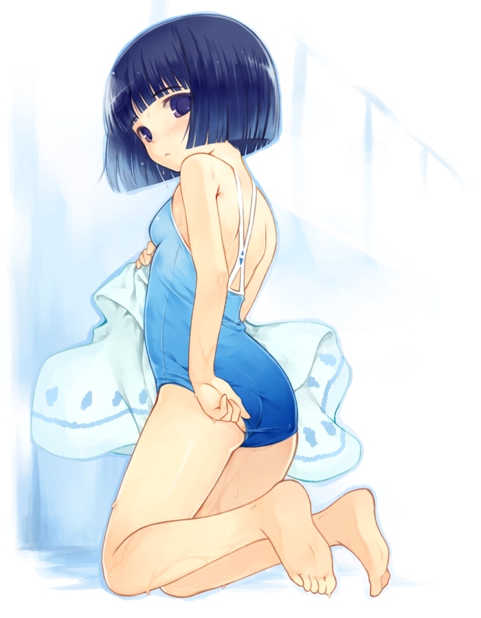 kurasuke, 1girl, adjusting clothes, adjusting swimsuit, ass, barefoot, blue eyes, blue hair, blush, bob cut, feet, female focus, kneeling, looking back, matching hair/eyes, one-piece swimsuit, short hair, soles, solo, swimsuit, wet