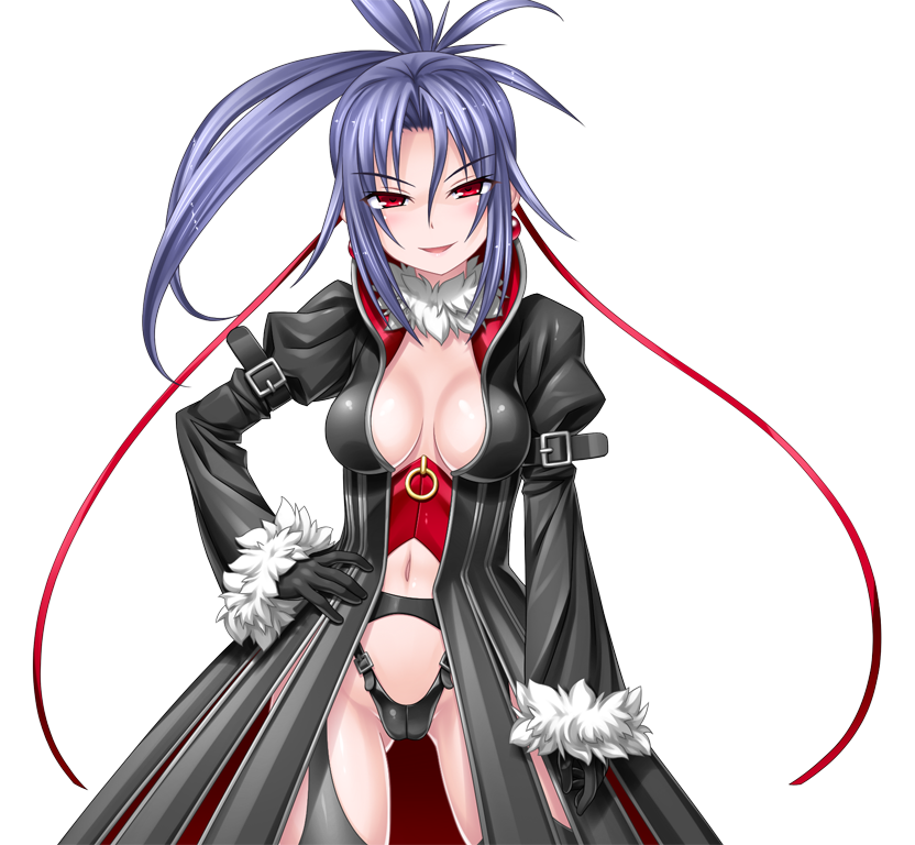 higuchi isami, murakami shizuru, mahou shoujo sae, game cg, non-web source, official art, variant set, 1girl, black gloves, black panties, blue hair, breasts, cleavage, coat, corruption, dark persona, earrings, fur trim, garter belt, gloves, hand on own hip, jewelry, long hair, looking at viewer, medium breasts, navel, panties, ponytail, purple hair, red eyes, smile, solo, thighhighs, transparent background, underwear