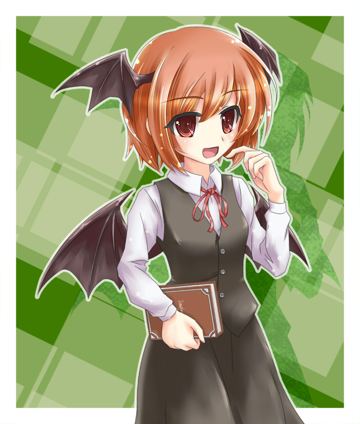 shake (pixiv), toshizaki shouma, koakuma, embodiment of scarlet devil, touhou, bad id, bad pixiv id, 1girl, bat wings, book, female focus, head wings, long hair, red eyes, red hair, short hair, solo, standing, vest, wings