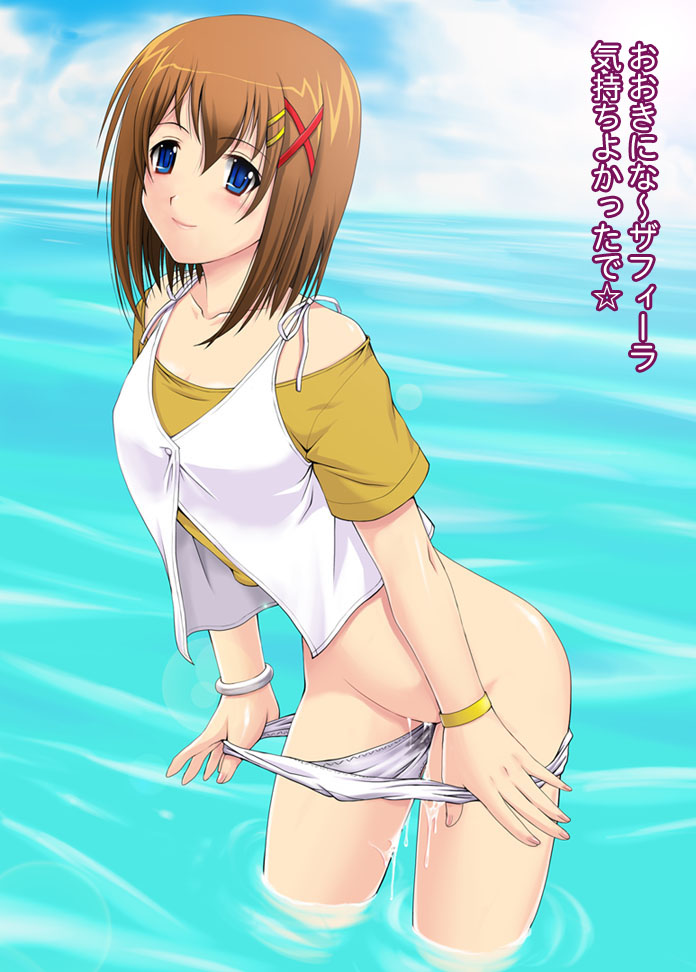 kakogawa tarou, yagami hayate, lyrical nanoha, mahou shoujo lyrical nanoha, mahou shoujo lyrical nanoha strikers, translated, 00s, 1girl, blue eyes, blush, bracelet, brown hair, cum, female focus, hair ornament, jewelry, panties, panty pull, short hair, smile, solo, underwear, water, x hair ornament