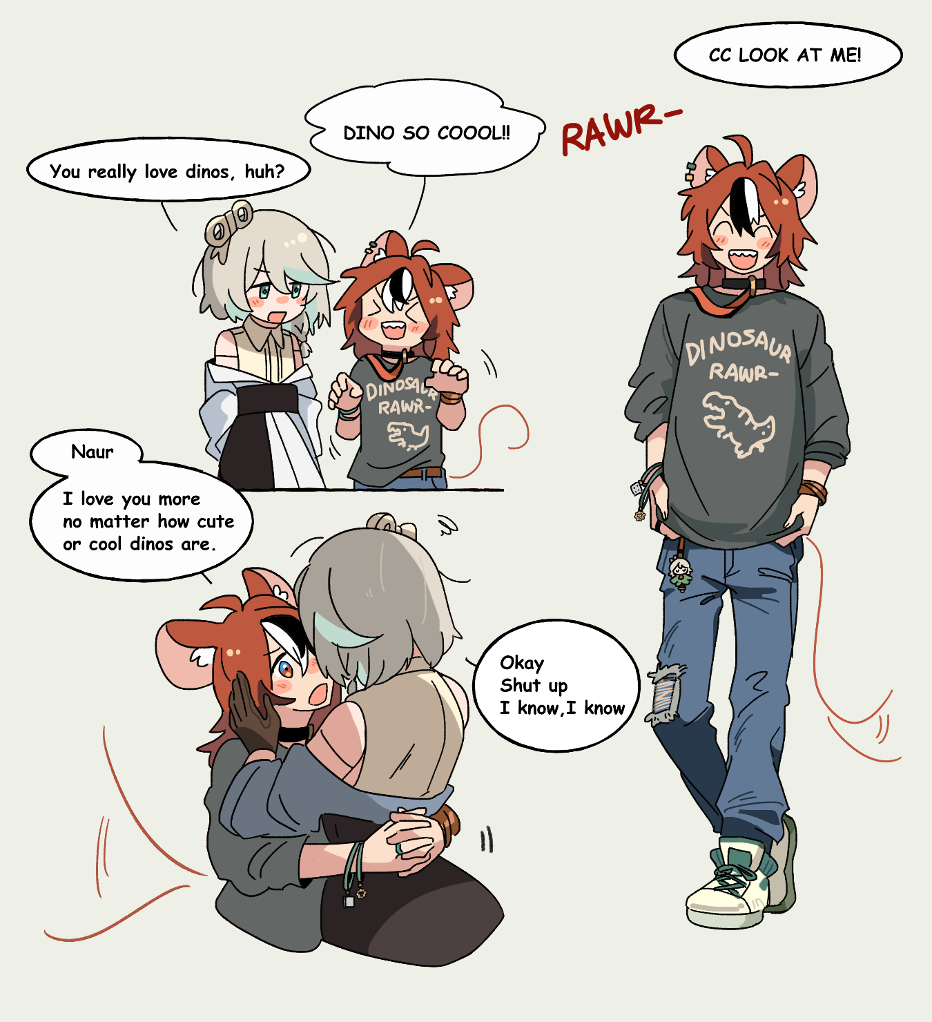 fongban illust, cecilia immergreen, hakos baelz, hololive, hololive english, commentary, english commentary, highres, 2girls, animal ear fluff, animal ears, aqua streaks, arms around waist, black choker, black gloves, black streaks, blonde hair, blue eyes, blue pants, bracelet, choker, denim, dress, ear piercing, gloves, grey shirt, hand on another's face, hug, jeans, jewelry, mouse ears, multiple girls, open mouth, own hands together, pants, piercing, red eyes, red hair, ring, sharp teeth, shirt, short hair, simple background, smile, teeth, virtual youtuber, white dress, white streaks, yellow background, yuri