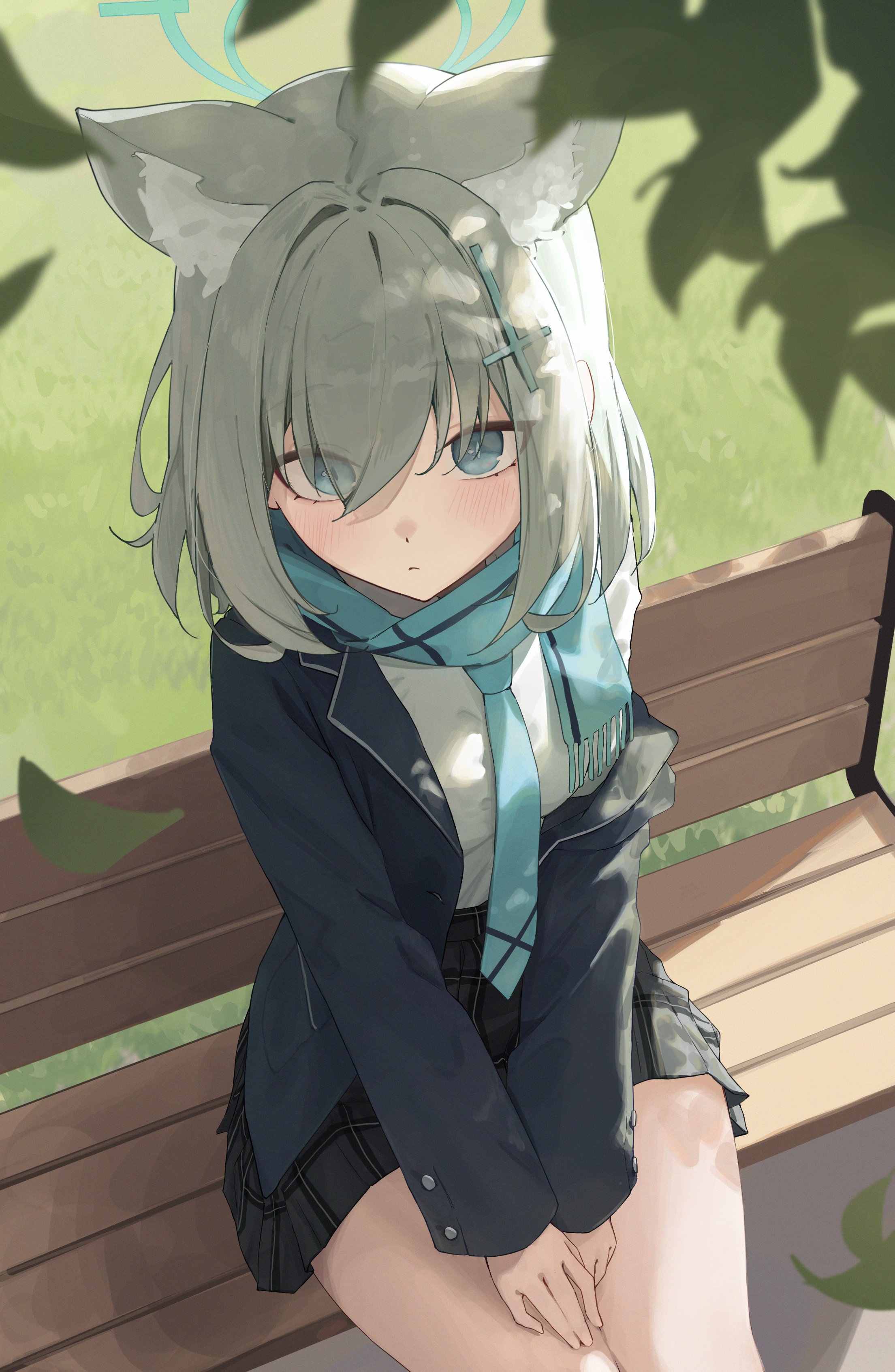 springrain 06, shiroko (blue archive), blue archive, absurdres, commentary request, highres, 1girl, animal ear fluff, animal ears, black skirt, blue eyes, blue halo, blue jacket, blue necktie, blue scarf, blush, closed mouth, collared shirt, extra ears, eyes visible through hair, grey hair, hair over one eye, halo, jacket, looking at viewer, medium hair, necktie, on bench, plaid clothes, plaid skirt, scarf, shirt, shirt tucked in, sitting, skirt, solo, white shirt, wolf ears, wolf girl