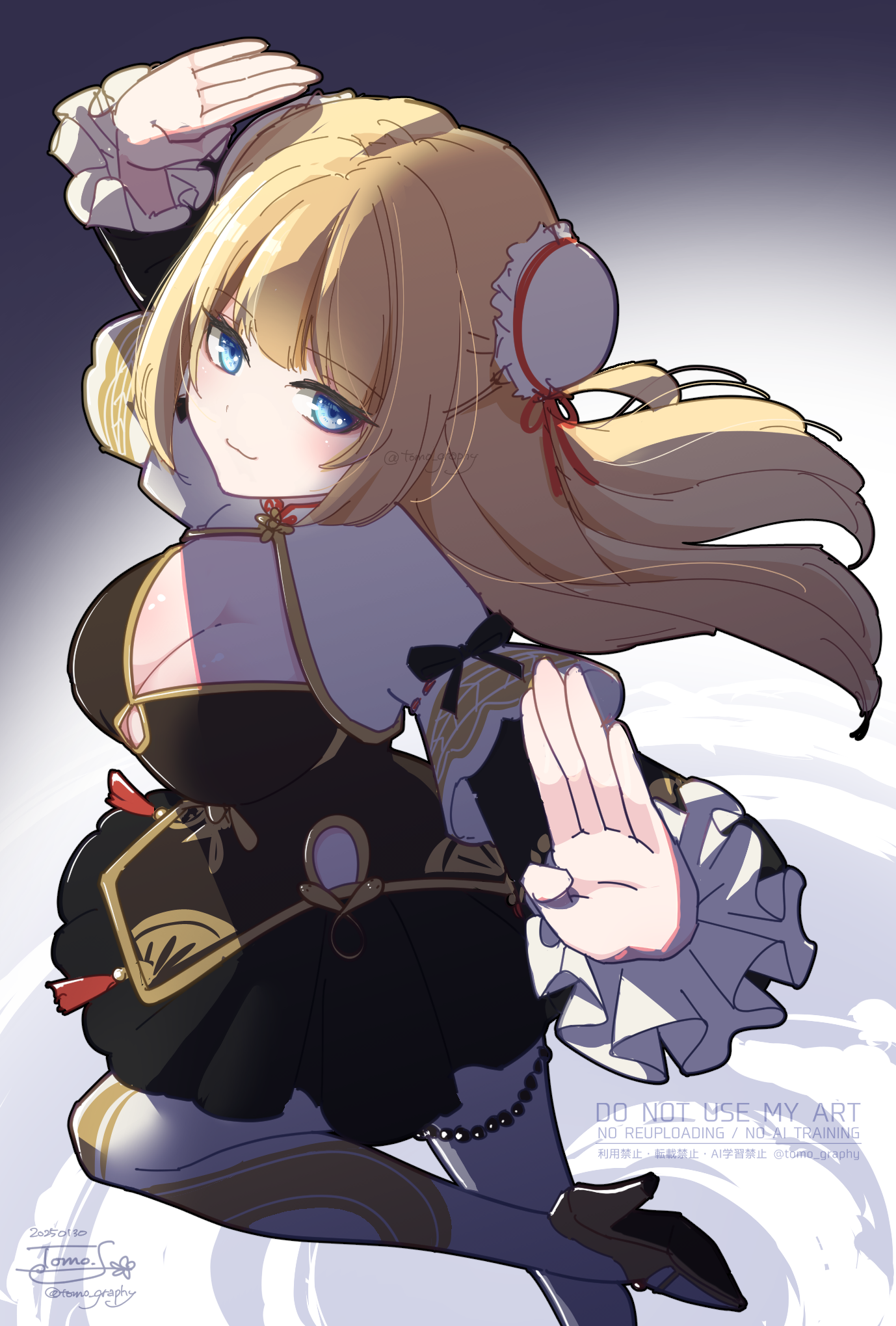 sakuraji tomoka, arch bishop (ragnarok online), ragnarok masters, ragnarok online, commentary request, highres, 1girl, adapted costume, black dress, blonde hair, blue eyes, blush, breasts, bun cover, cleavage, cleavage cutout, closed mouth, clothing cutout, double bun, dress, foot out of frame, frilled sleeves, frills, grey background, hair bun, high heels, large breasts, long hair, looking at viewer, pantyhose, signature, smile, snake print, solo, standing, standing on one leg, white dress, white pantyhose