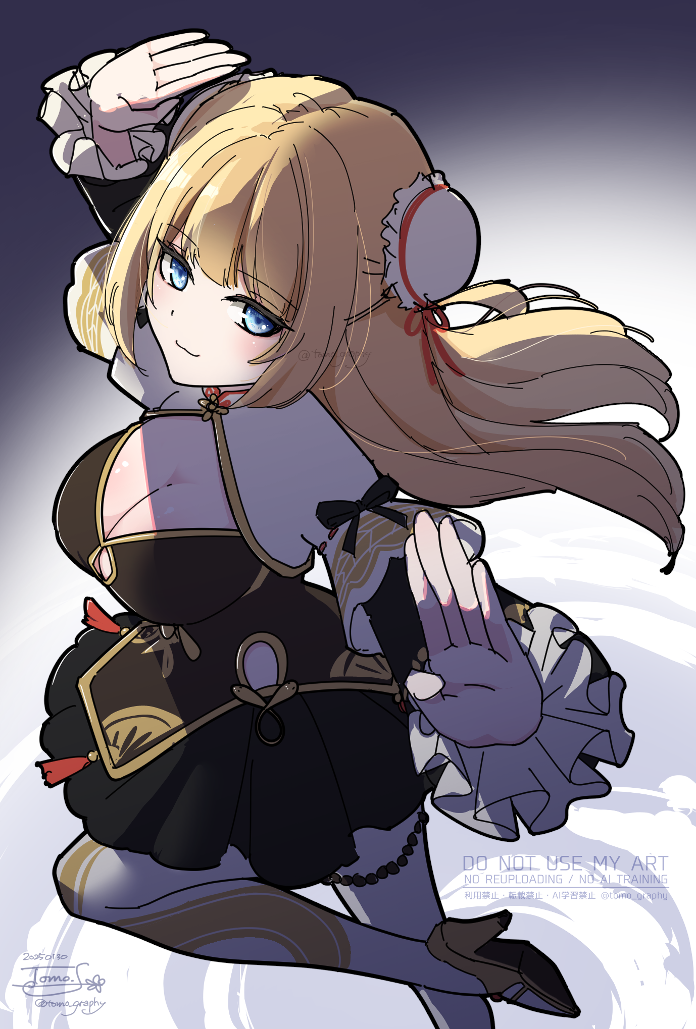 sakuraji tomoka, arch bishop (ragnarok online), ragnarok masters, ragnarok online, commentary request, highres, 1girl, adapted costume, black dress, blonde hair, blue eyes, blush, breasts, bun cover, cleavage, cleavage cutout, closed mouth, clothing cutout, double bun, dress, foot out of frame, frilled sleeves, frills, grey background, hair bun, high heels, large breasts, long hair, looking at viewer, pantyhose, signature, smile, snake print, solo, standing, standing on one leg, white dress, white pantyhose