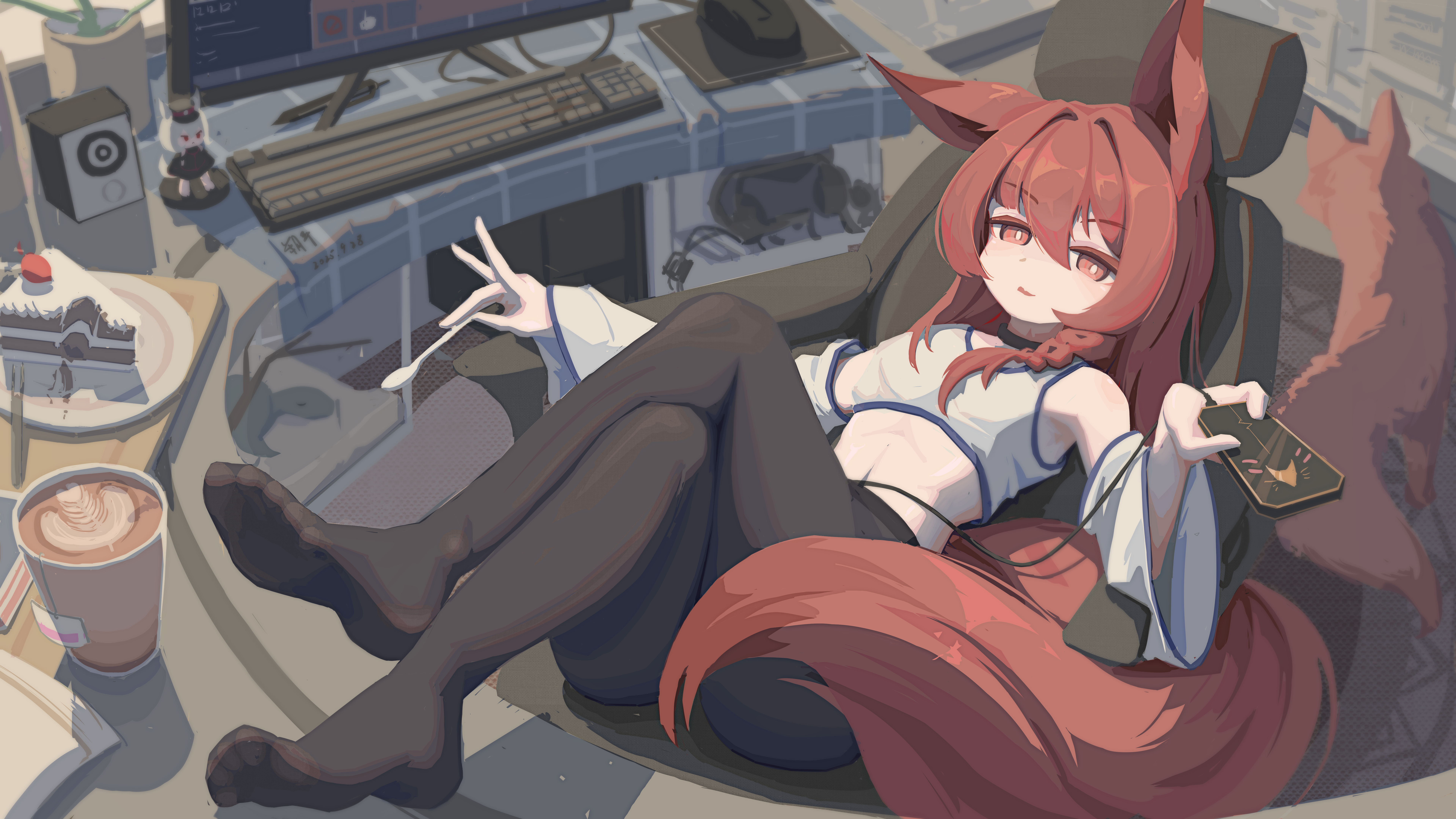 hushou896792, original, absurdres, commentary, highres, symbol-only commentary, 1girl, animal ears, arm rest, bare shoulders, black choker, black pantyhose, braid, bright pupils, cellphone, chair, character figure, charging device, choker, computer, computer keyboard, computer mouse, convenient censoring, crop top, crossed legs, detached sleeves, feet up, flat chest, fox, fox ears, fox girl, fox shadow puppet, gaming chair, holding, holding phone, holding spoon, indoors, long hair, lying, monitor, mousepad (object), on back, pantyhose, phone, plant, plate, potted plant, red eyes, red fur, red hair, shadow, single braid, smartphone, spoon, stomach, swivel chair, tail censor, tea, white pupils, wide sleeves