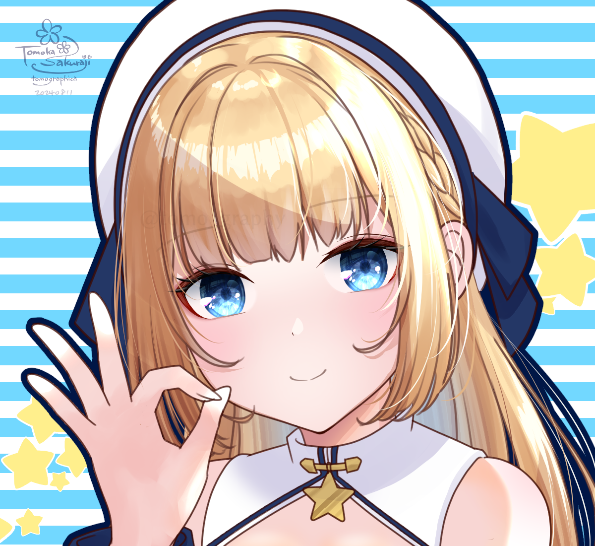 sakuraji tomoka, arch bishop (ragnarok online), ragnarok masters, ragnarok online, commentary request, 1girl, beret, blonde hair, blue background, blue eyes, blush, braid, closed mouth, hat, long hair, looking at viewer, ok sign, smile, solo, star (symbol), striped background, upper body, white background, white hat