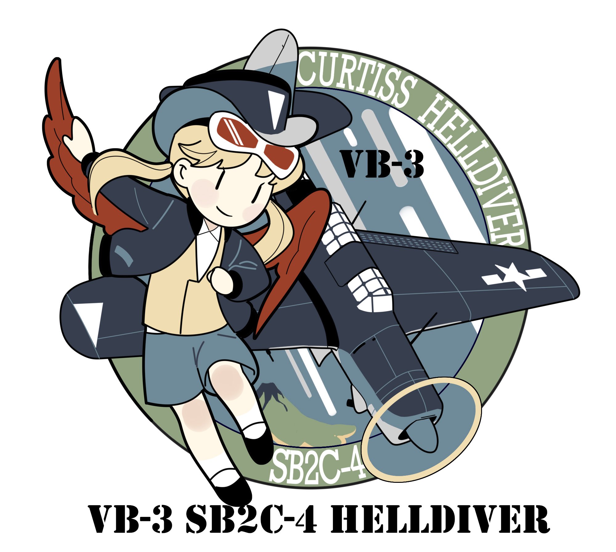 yorktown cv-5, original, commentary, english commentary, highres, 1girl, aircraft, airplane, black hat, black jacket, blonde hair, chibi, goggles, goggles on head, hat, jacket, long hair, long sleeves, open clothes, open jacket, personification, red wings, sb2c helldiver, shirt, shoes, shorts, smile, socks, twintails, vest, white socks, wings