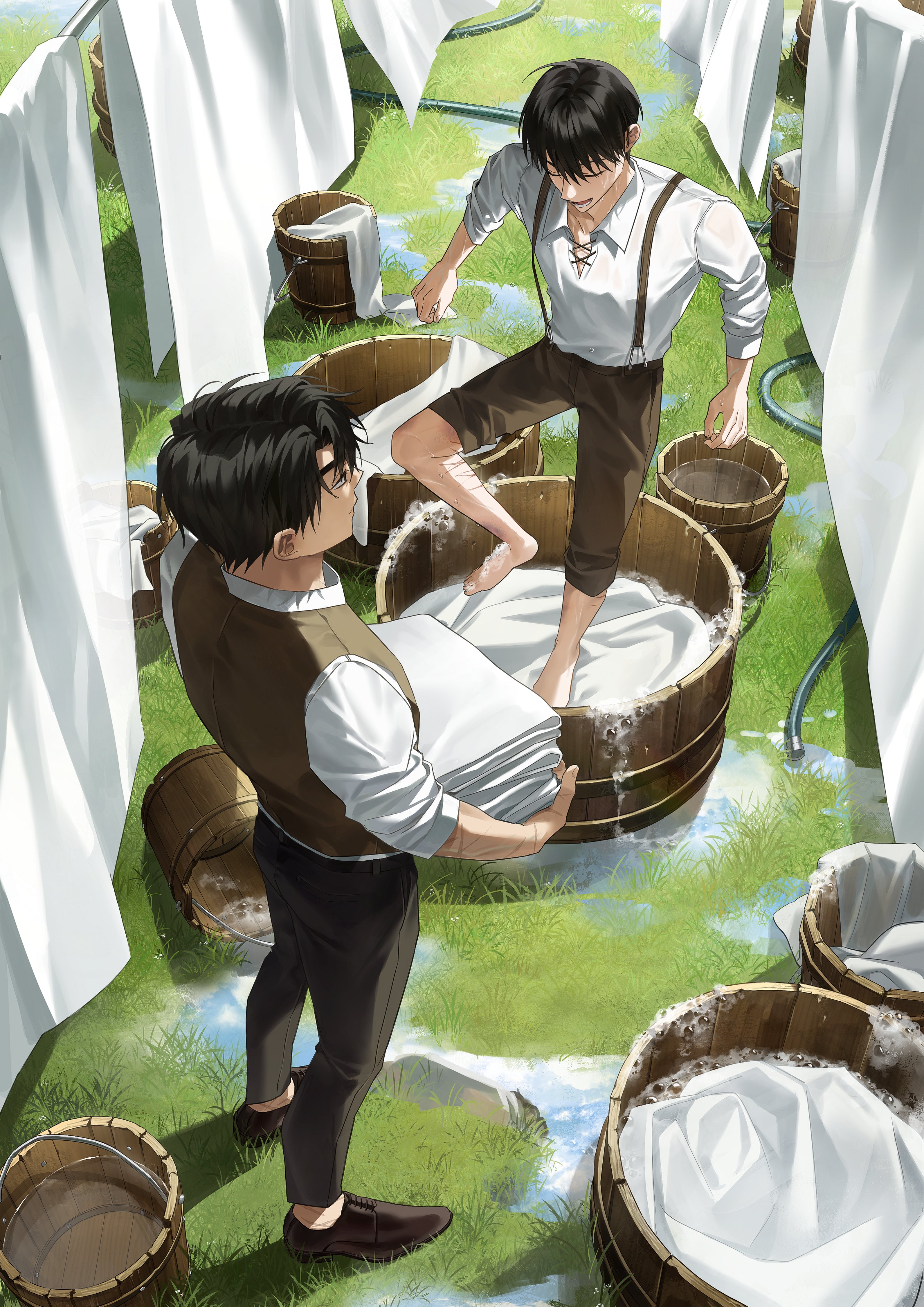 tanppopo9, kim dokja, yoo joonghyuk, omniscient reader's viewpoint, absurdres, highres, 2boys, barefoot, black hair, brown vest, bucket, bucket of water, clothesline, collared shirt, day, folded clothes, from above, full body, grass, grin, hose, male focus, multiple boys, multiple scars, outdoors, puddle, scar, scar on arm, shirt, short hair, sleeves rolled up, smile, suspenders, vest, water, white shirt, wooden bucket