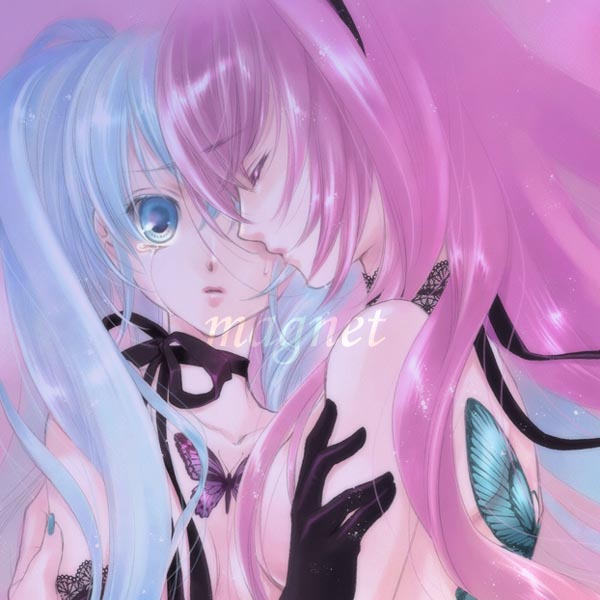 minakami kaori, hatsune miku, megurine luka, magnet (vocaloid), vocaloid, bad id, bad pixiv id, 2girls, aqua eyes, aqua hair, bug, butterfly, dress, elbow gloves, gloves, hug, multiple girls, pink hair, tears, yuri